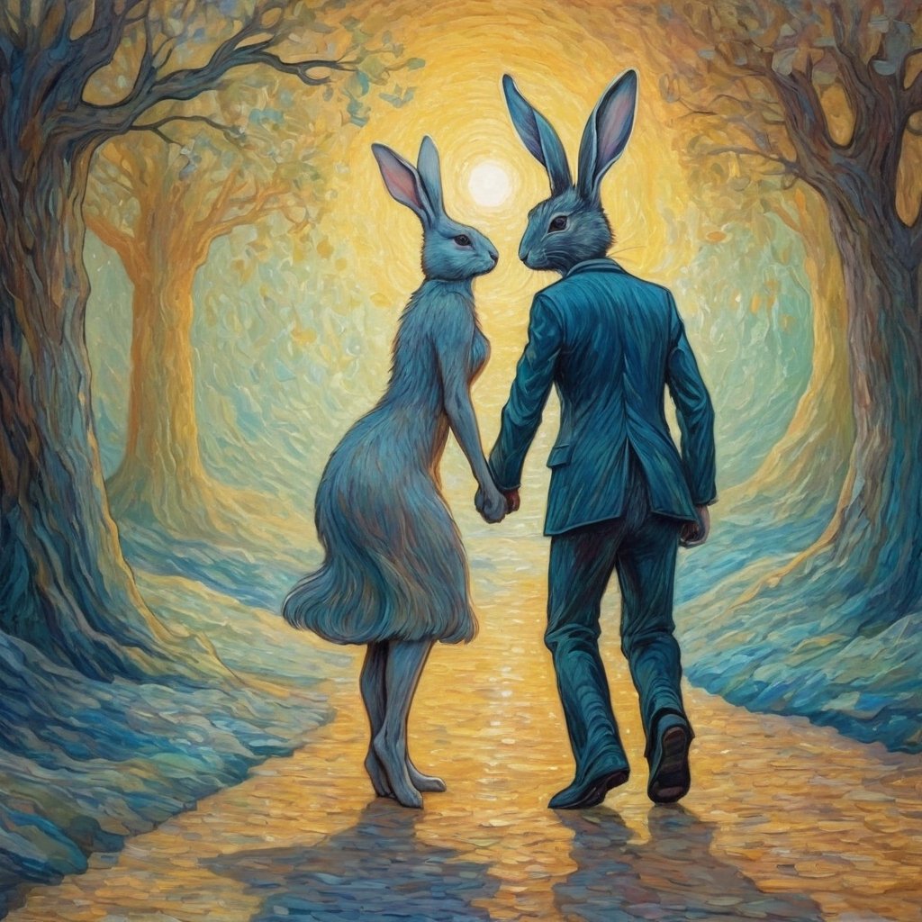 OIL PAINTING,FULL-BODY SHOT,romantic couple or rabbits on the mood and in van gogh style and pastel colors fantasy,8k masterpiece, perfect lighting, stunning details, shadow play, detailed hues, motion blur
