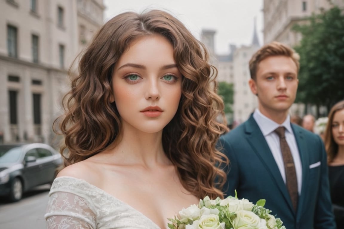 (girl with curly brown hair, light green eyes, half of which is brown and green), (waiting behind a boy in a suit and a bouquet of flowers) outside a luxurious building, 
