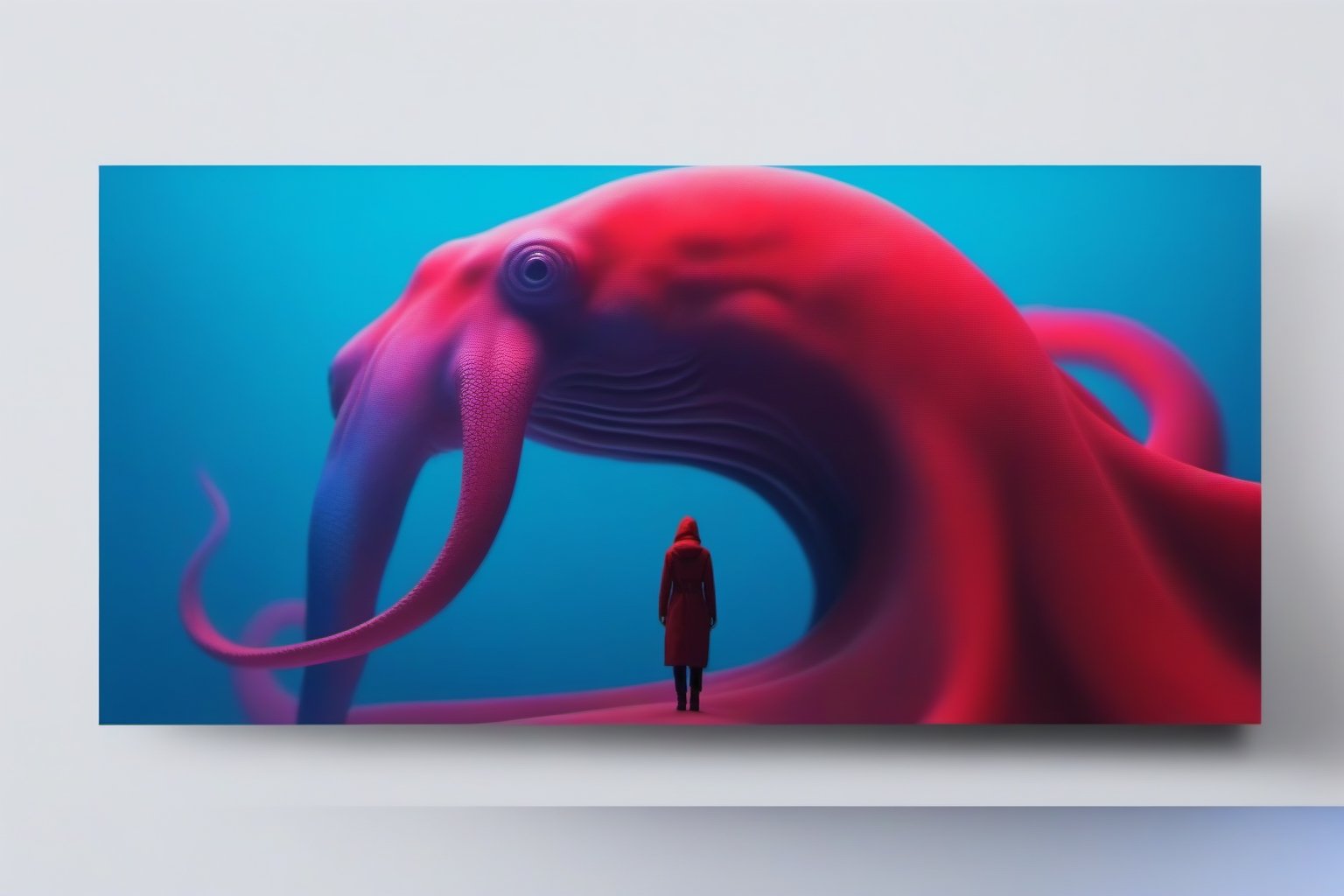 a cinematic film full body gril kraken on a two tone background, in the style of minimalist color field, multi-layered geometry, bold lines, vibrant color, red and blue 32k uhd,JAR,silent hill style
