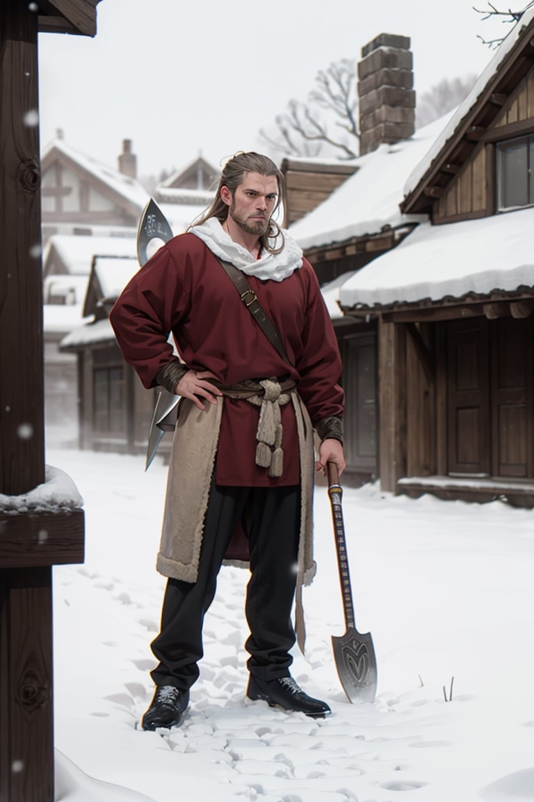 PHOTOGRAPHY, style by Grimdark,a viking gripping his battle axe , a snowy villagebehind him ,cold,snowing
