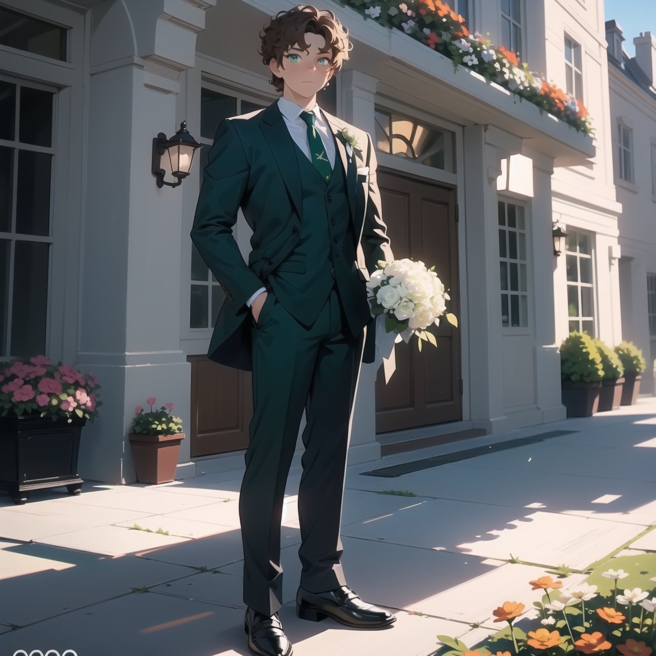 Cinematic still, romantic comedy,FULL-BODY SHOT,girl with curly brown hair, light green eyes, half of which is brown and green, outside a luxurious building, waiting behind a boy in a suit and a bouquet of flowers,8k masterpiece, perfect lighting, stunning details, shadow play, detailed hues, motion blur
