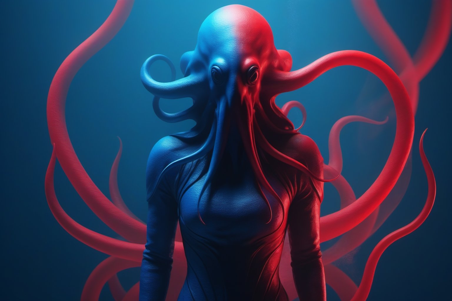 a cinematic film full body gril kraken on a two tone background, in the style of minimalist color field, multi-layered geometry, bold lines, vibrant color, red and blue 32k uhd,JAR,silent hill style,detailmaster2