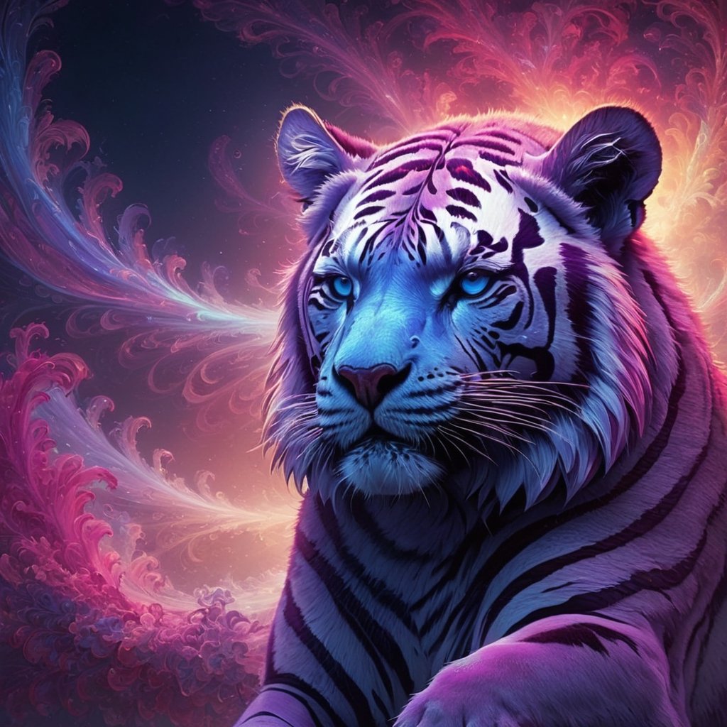 tigger toño dissolving into red and blue fractal mist, in Neon Impressionism style, with antimatter highlights
