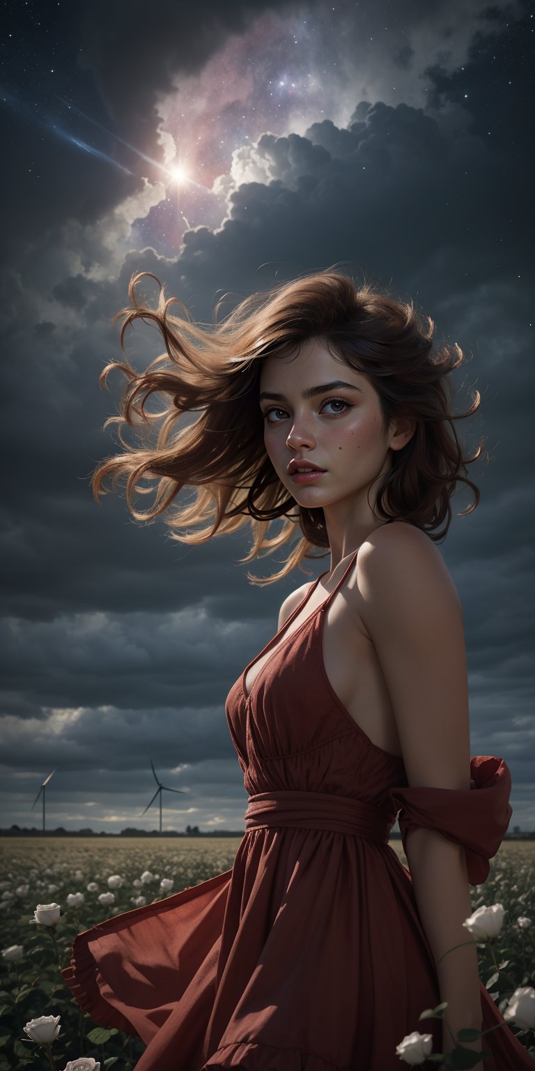 a beautiful woman, upper-body, looking at viewer.  In a garnet summer dress (blowing wind), roses field, stars, nebula background, exposure blending, (hdr), (wind:1.5), high contrast, cloud,















(Masterpiece), score_9, score_8_up, score_7_up, BREAK, Perfect subject,
ultra realistic, 32k, intricate details, sharp focus, realistic,