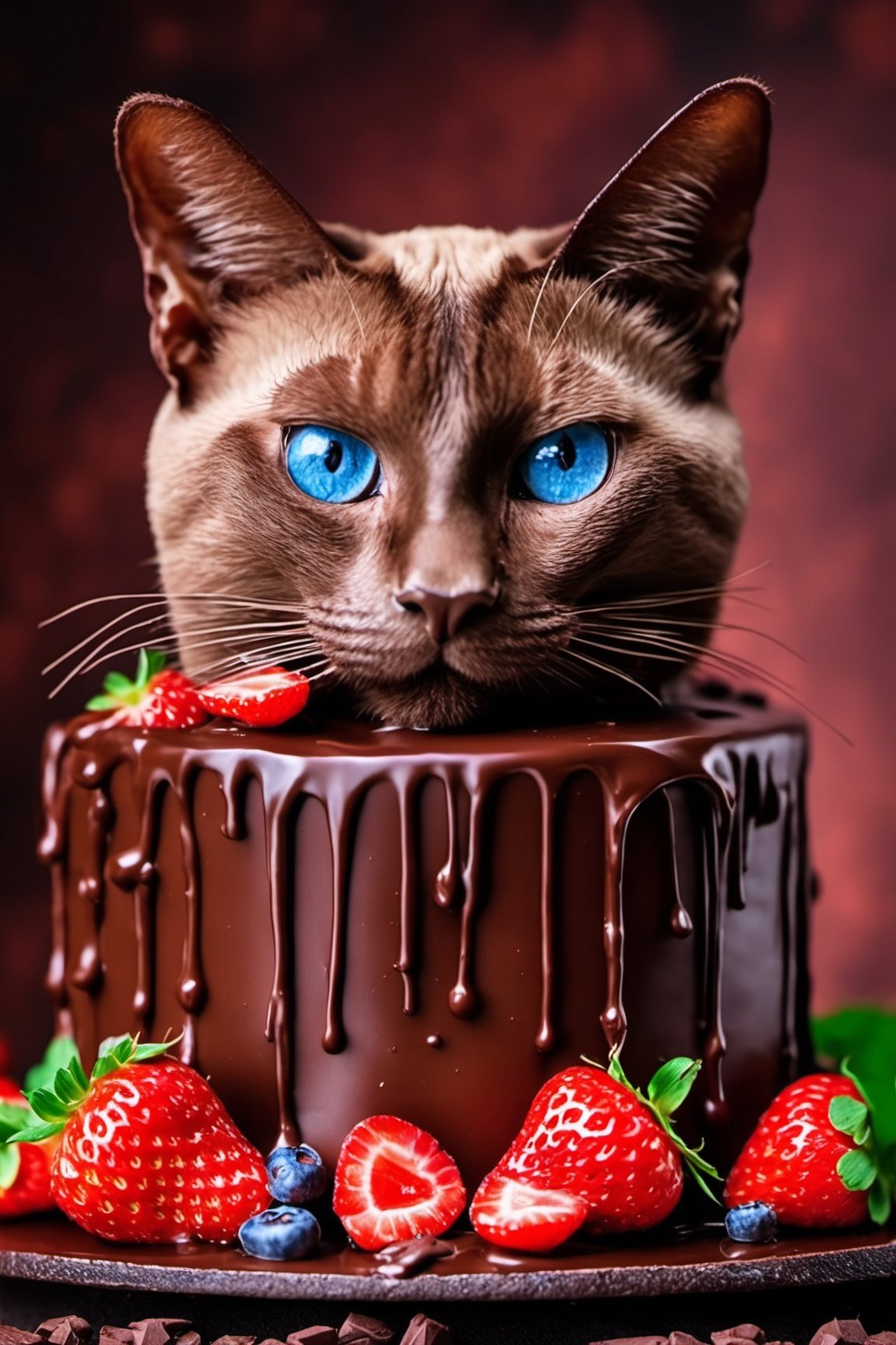 a chocolate covered cat cake with strawberries and chocolate sauce, smothered in melted chocolate, chocolate art, delectable, super realistic food picture, some chocolate sauce, cat cake art, dark chocolate painting, chocolate sauce, fully chocolate, mouthwatering, chocolate. rugged, food commercial 4 k, 4k polymer clay food photography, chocolate frosting, berries dripping juice, berries dripping, a close up of a Siamese cat with blue eyes, elegant cat, aesthetic siamese cat, Siamese cat