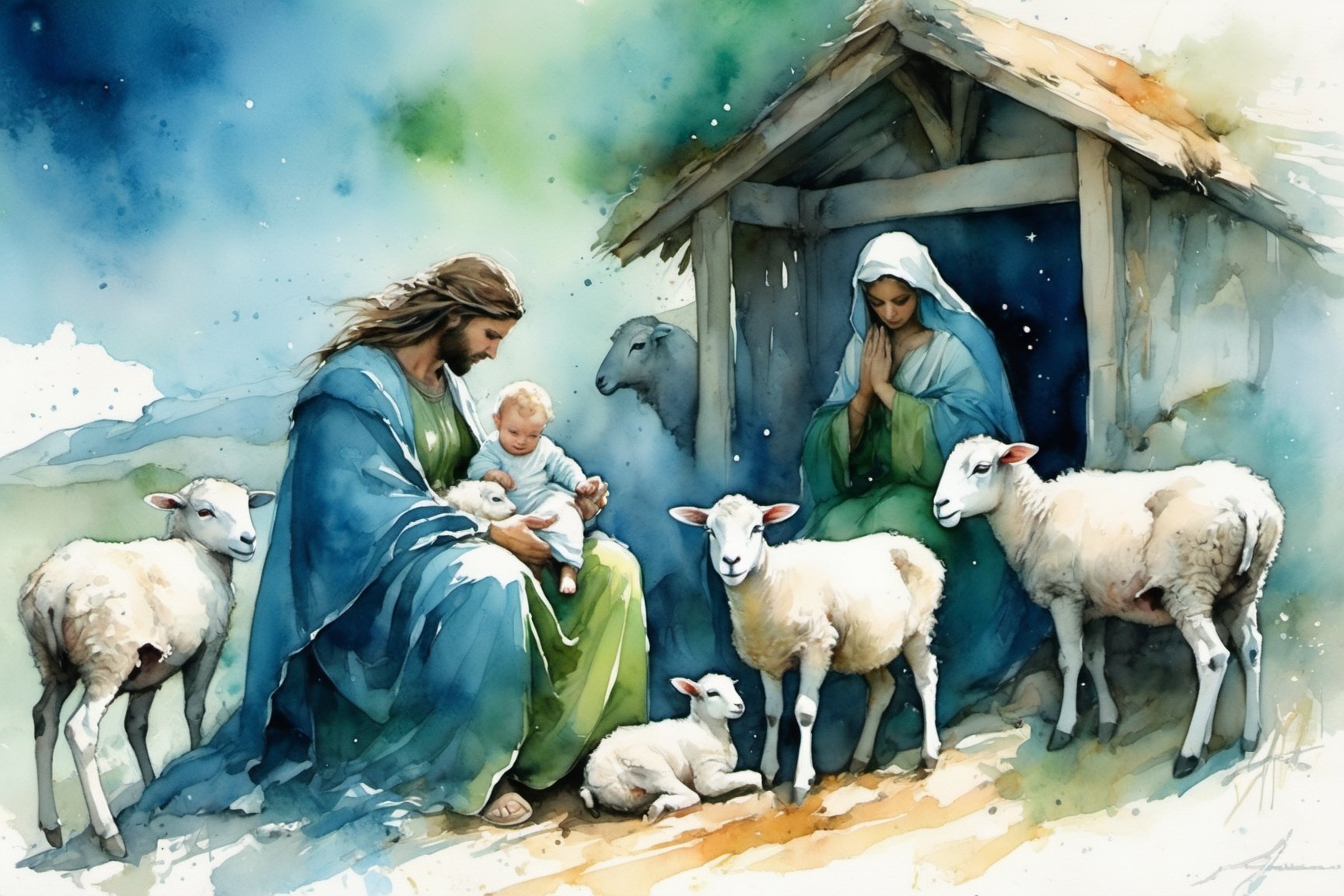 Watercolor of a painting of a nativity scene with sheep and a baby jesus, realistic, high quality, hd, two-person, blue, green, freedom, soul, digital illustration, approaching perfection, dynamic, highly detailed, watercolor painting, artstation, concept art, sharp focus, in the style of artists like Russ Mills, Sakimichan, Wlop, Loish, Artgerm, Darek Zabrocki, and Jean-Baptiste Monge