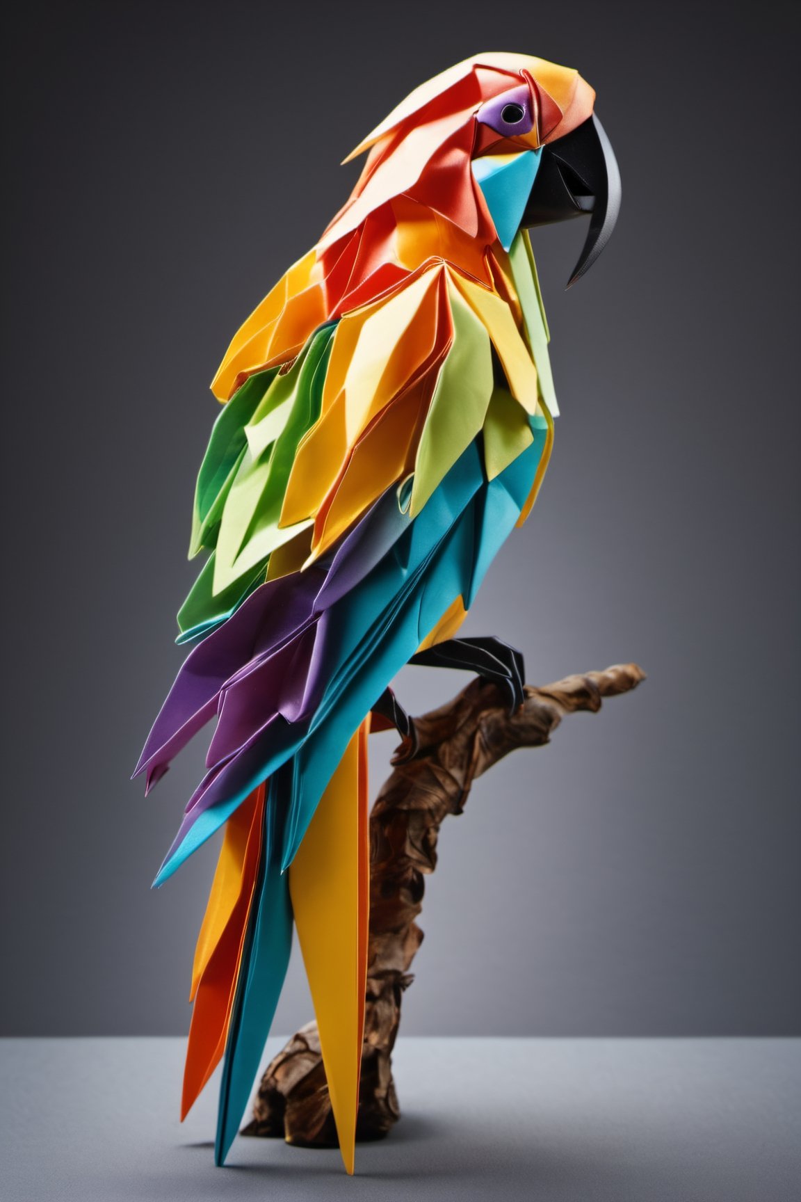 Origami ,dripping paint, a wildly coloured parrot sitting on a branch,abstact