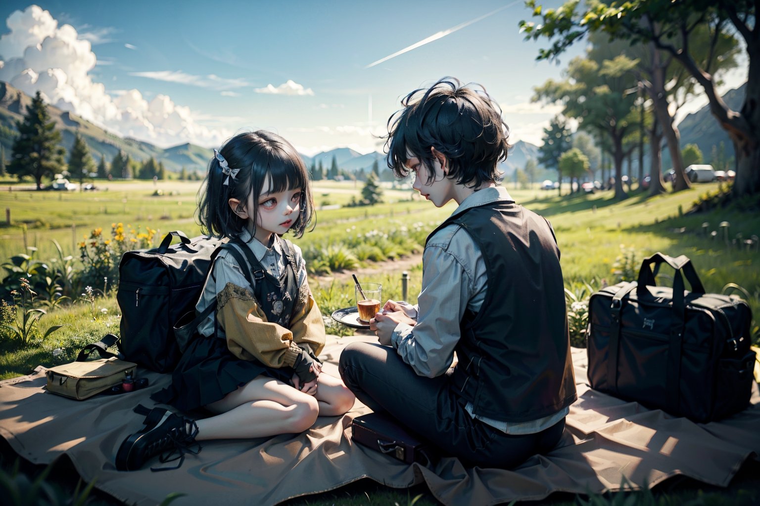 The little boy and girl have a picnic in a sunny meadow.