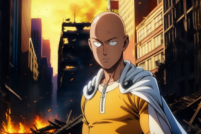 saitama, anime, one punch, 1boy, bald, upper body, close up, looking at viewer, standing, city, white cape, destruction, ruins, fire, 