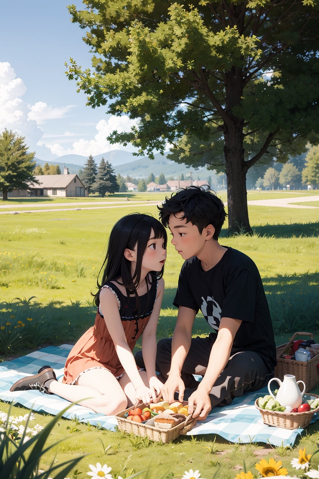 The little boy and girl have a picnic in a sunny meadow.