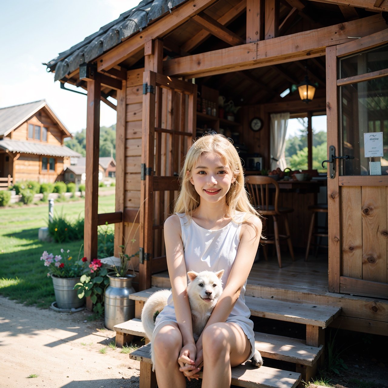 a beautiful small girl with blond hair and smile on her face sitting near a farm cottage with animals
