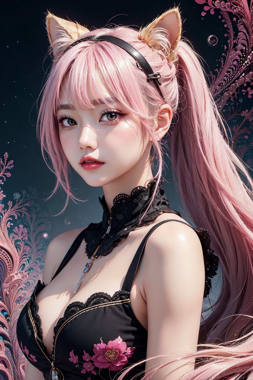 (masterpiece, top quality, best quality, official art, beautiful and aesthetic:1.2), (1girl), extreme detailed,(fractal art:1.3),colorful,highest detailed, zoomout, asian girl,perfecteyes,(Kpop idol), (netural:1), platinum pink hair, puffy eyes, cat_ear, long hair, large_breasts, ponytail,
