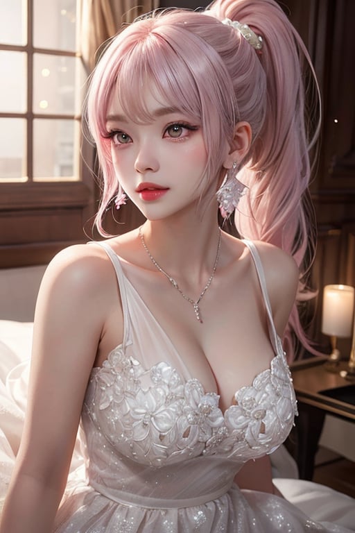 masterpiece, best quality, illustration, full body image, ornate and elaborate dress, platinum earrings, platinum necklace, white dress, 1girl, cute, (dynamic lighting:1.2), cinematic lighting, delicate facial features, detailed eyes, sharp pupils, realistic pupils, depth of field, bokeh, sharp focus, (hyper-detailed, bloom, glow:1.4), full lips, 1girl, (Kpop idol), (netural:1), platinum pink hair, full body,puffy eyes, cat_ear, long hair, large_breasts, ponytail,
