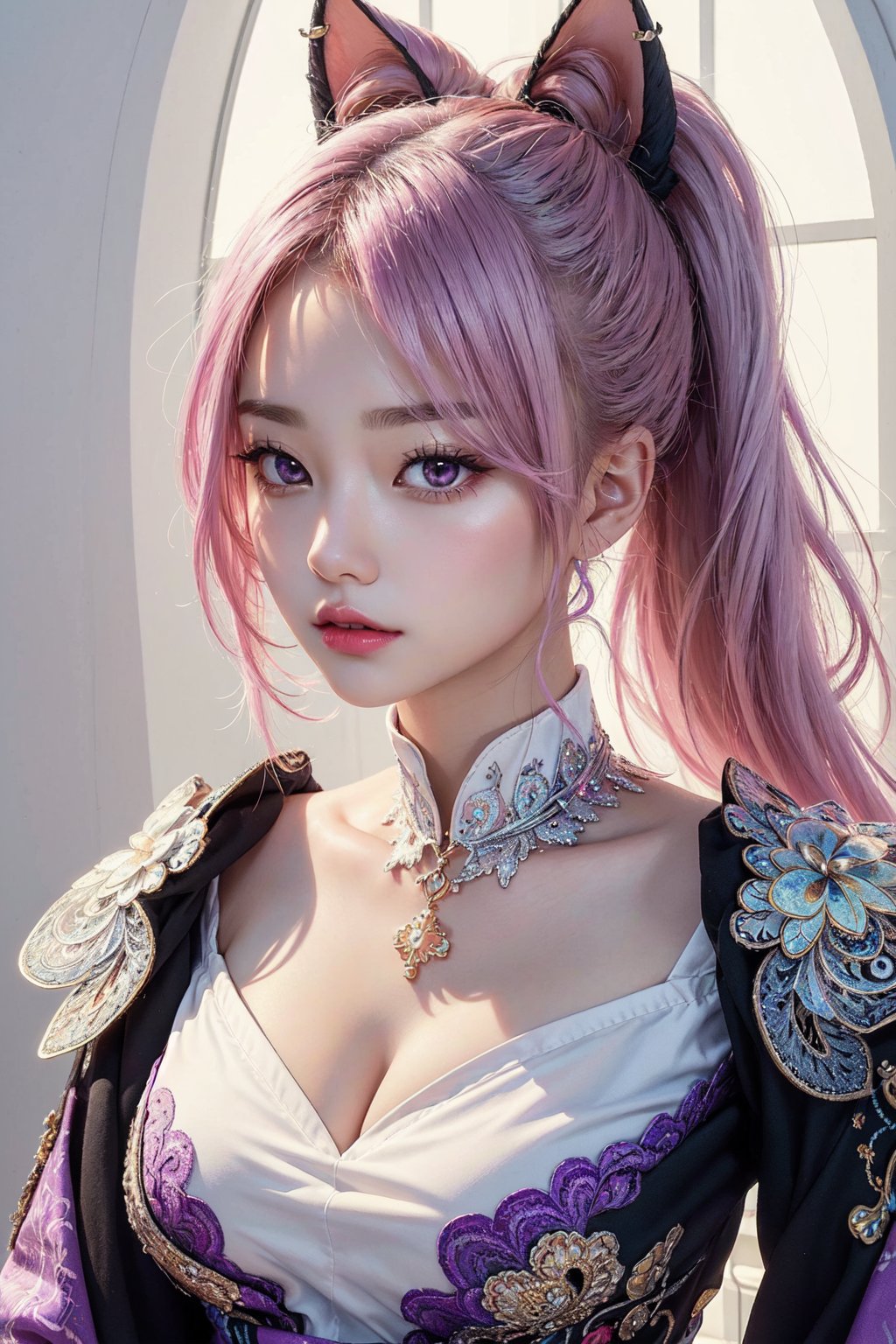 (masterpiece, top quality, best quality, official art, beautiful and aesthetic:1.2), (1girl), extreme detailed,(fractal art:1.3),colorful,highest detailed, zoomout, asian girl,perfecteyes,(Kpop idol), (netural:1), platinum pink hair, puffy eyes, cat_ear, long hair, large_breasts, ponytail, light_purple_eyes
