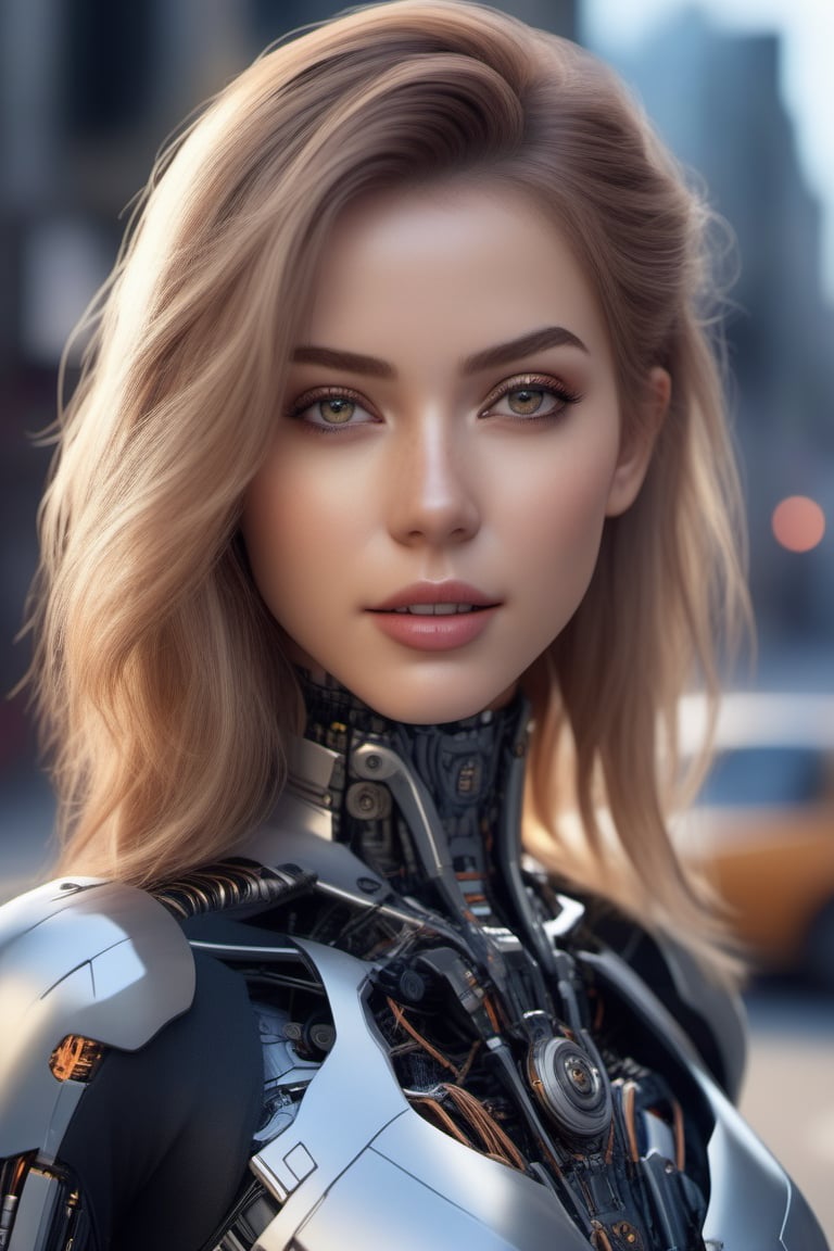 (cyborg:1.2), 1girl, closeup, (masterpiece, high_quality, realistic_expression, captivating_gaze, (intricately detailed cyborg), body of cyborh, high_res, expressive), (elegant_face), (alluring_eyes), (trendy_outfit), (confident_posture), (graceful_personality), (chic_hairstyle), (positive_attitude), (natural_lighting), (scifi_environment), dystopian city, (energetic_pose), (elegant_presence), solo, blonde hair, realistic, looking at viewer, lips, portrait, nose, smile, full body, dress, on street    