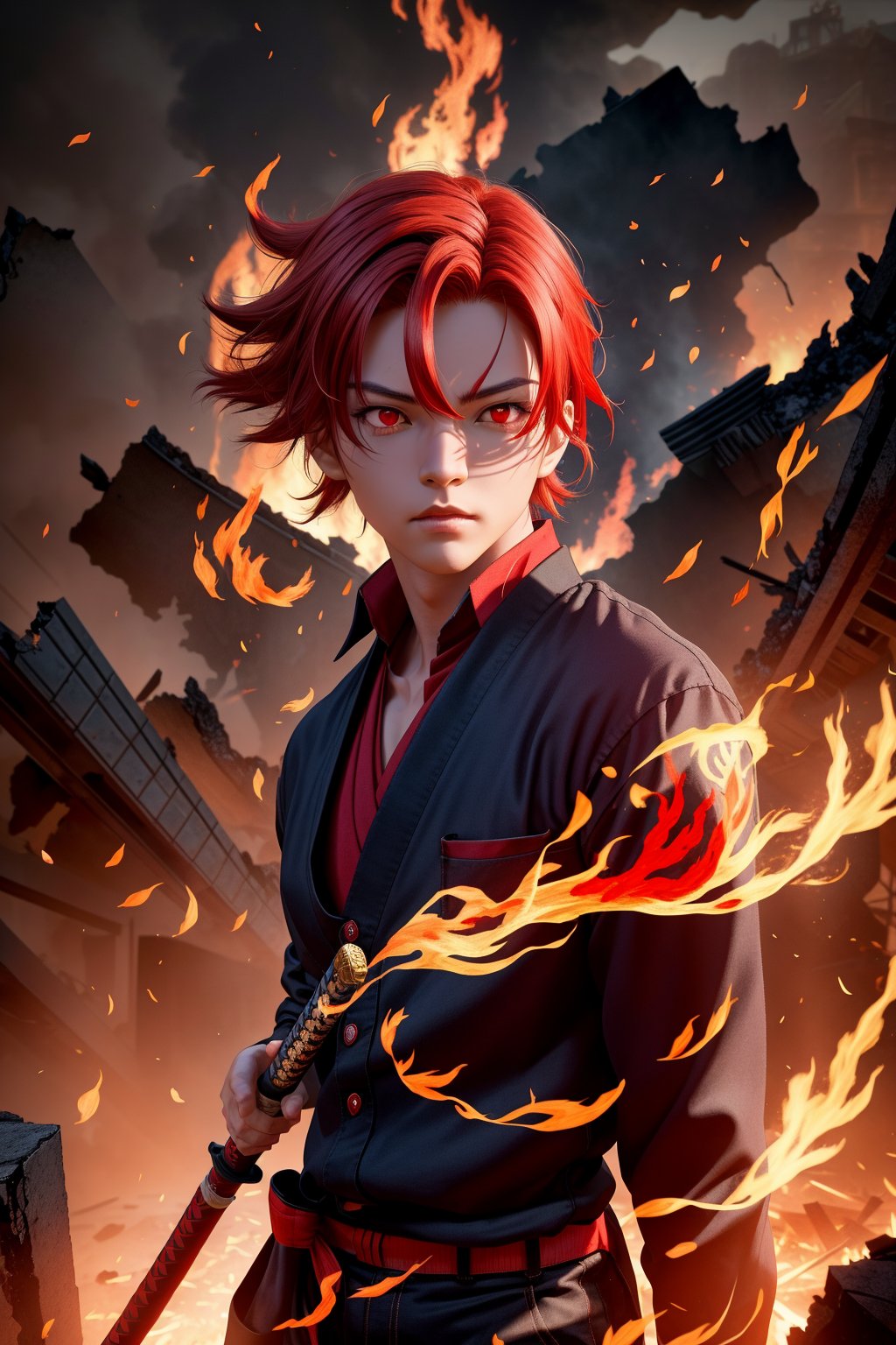 character sheet, phoenix in background, dark skin, red_hair, short hair, red eyes, held red and dark blue, flaming  katana, in a destroyed old city, perfect face, perfect eyes, 3D anime style, beautiful, boy, ultra detailed, power aura, dynamic pose, dynamic view, beautiful, 