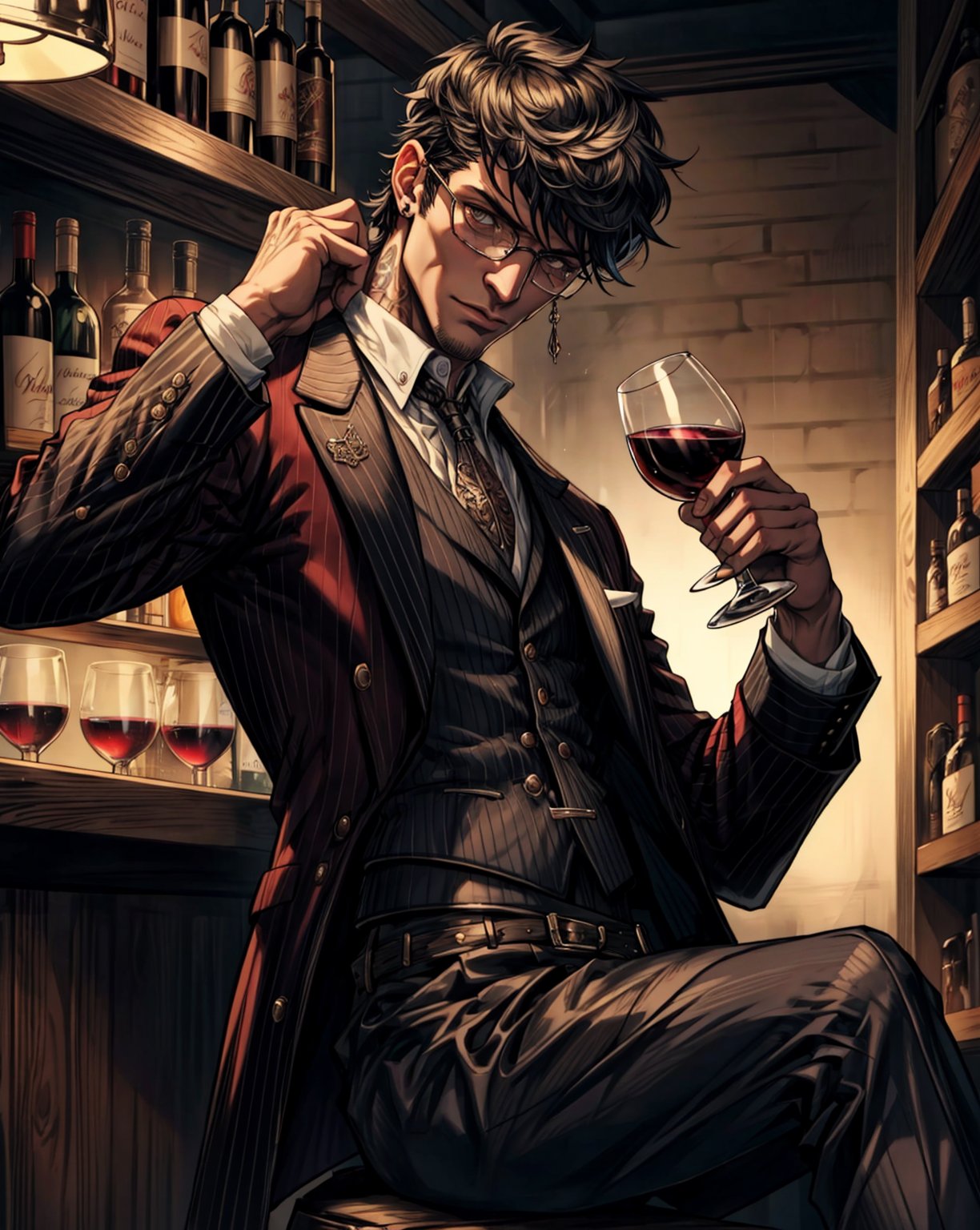 Best Quality, Masterpiece, Ultra High Resolution, Detailed Background, mihawk, tatoo, sitting, glasse of wine, peaky blinders, bar background, night, dynamic view, 4k Best Quality,Shnks,Mihawk