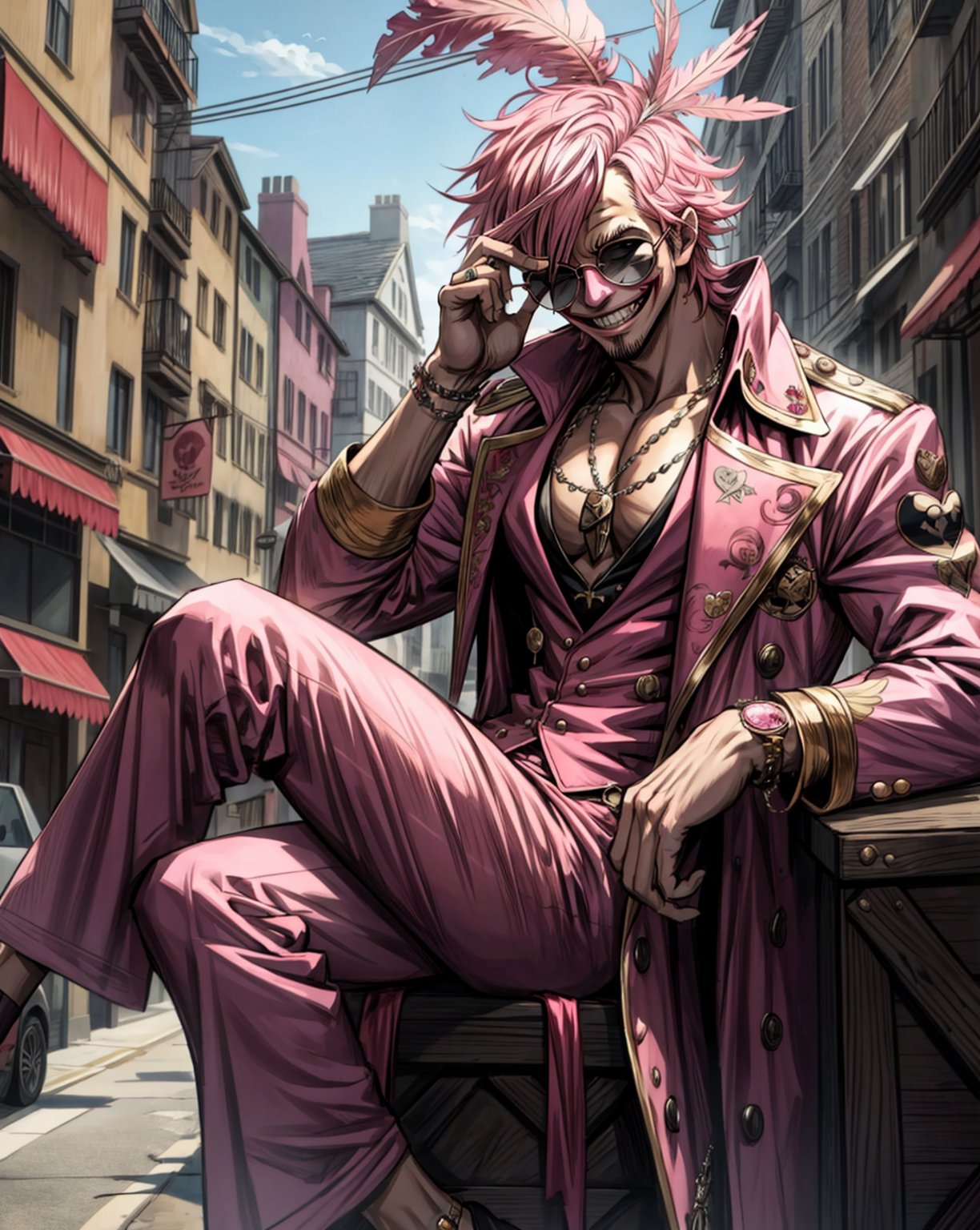 Best Quality, Masterpiece, Ultra High Resolution, Detailed Background, doflamingo Joker, one piece, sunglasses, pink feather jacket, smile, crazy pose, sitting in a pirate ship, street background, dynamic view, 4k Best Quality