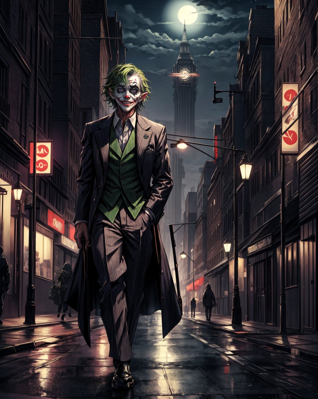 Best Quality, Masterpiece, Ultra High Resolution, Detailed Background, Joker Yoda, smile, walking, street background, night, dynamic view, 4k Best Quality