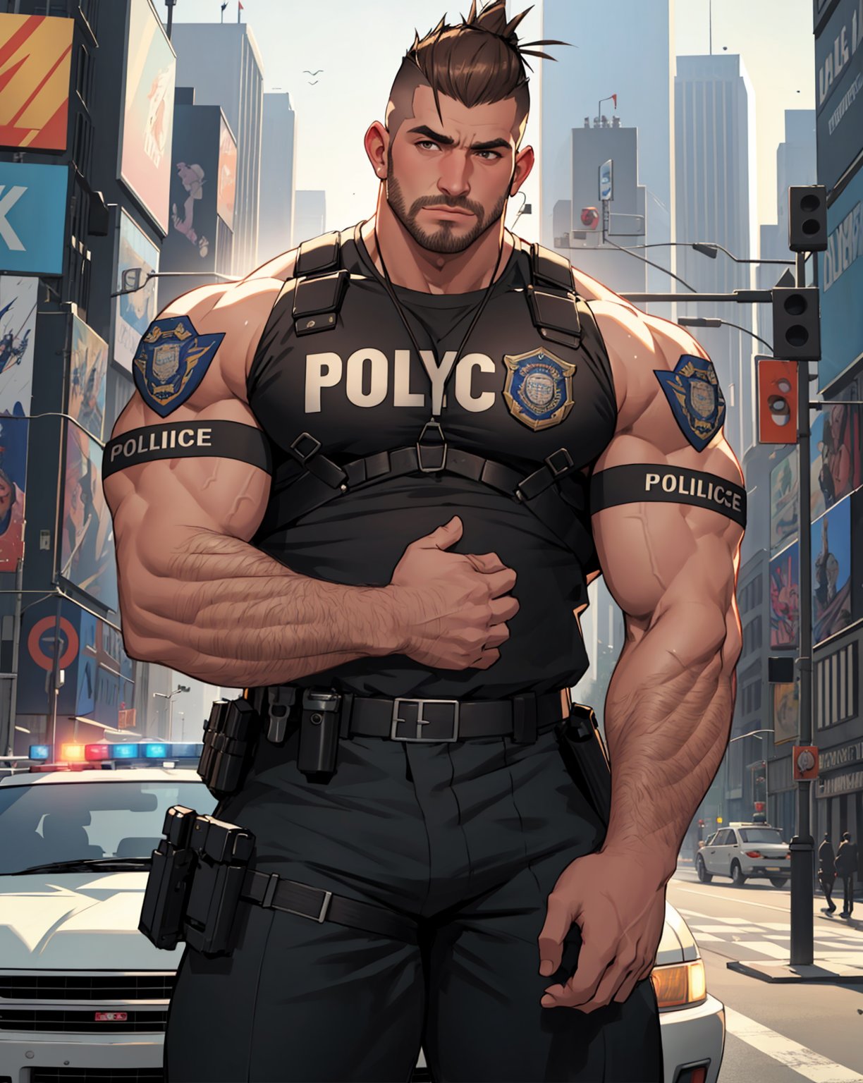 Best Quality, Masterpiece, Ultra High Resolution, Detailed Background, Muscular Man, Shaved Hair, Punk Crest, brown hair, Arm Hair, Thick Chunky Arms, Thick Thighs, Naked, Hairy, Police Officer Outfit, police t-shirt, big lump, police car in the background, New York background, 4k resolution