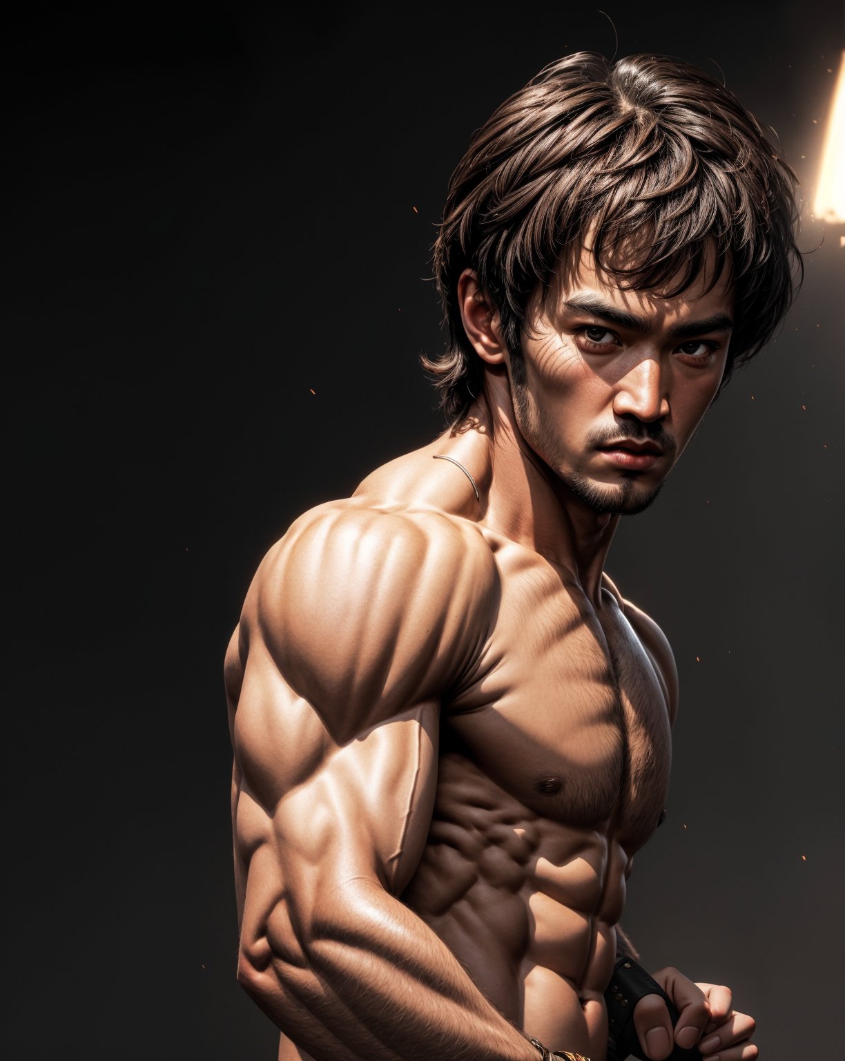 Best Quality, Masterpiece, Ultra High Resolution, Detailed Background, boy, man, Bruce Lee, face , front, brown hair, shining effectin eyes, chromatic_background, 4k resolution