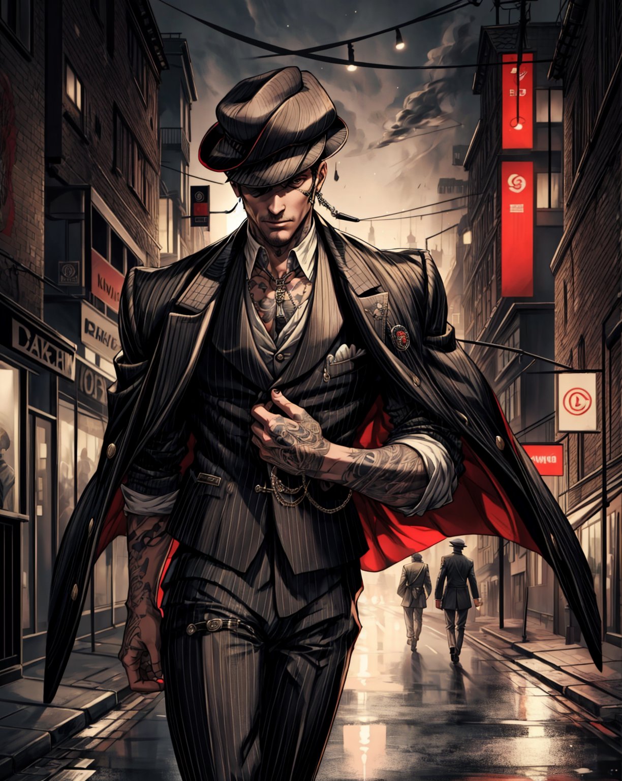 Best Quality, Masterpiece, Ultra High Resolution, Detailed Background, mihawk, tatoo, walking, famas, peaky blinders, street background, night, dynamic view, 4k Best Quality,Shnks,Mihawk