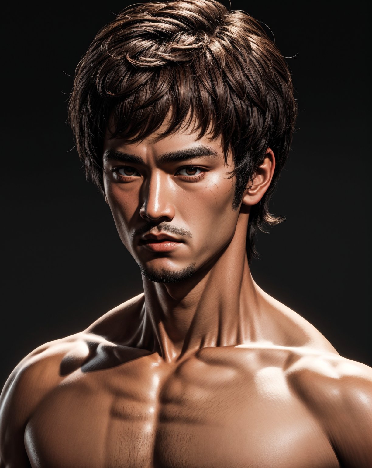 Best Quality, Masterpiece, Ultra High Resolution, Detailed Background, boy, man, Bruce Lee, face , front, brown hair, eyes effect, chromatic_background, 4k resolution