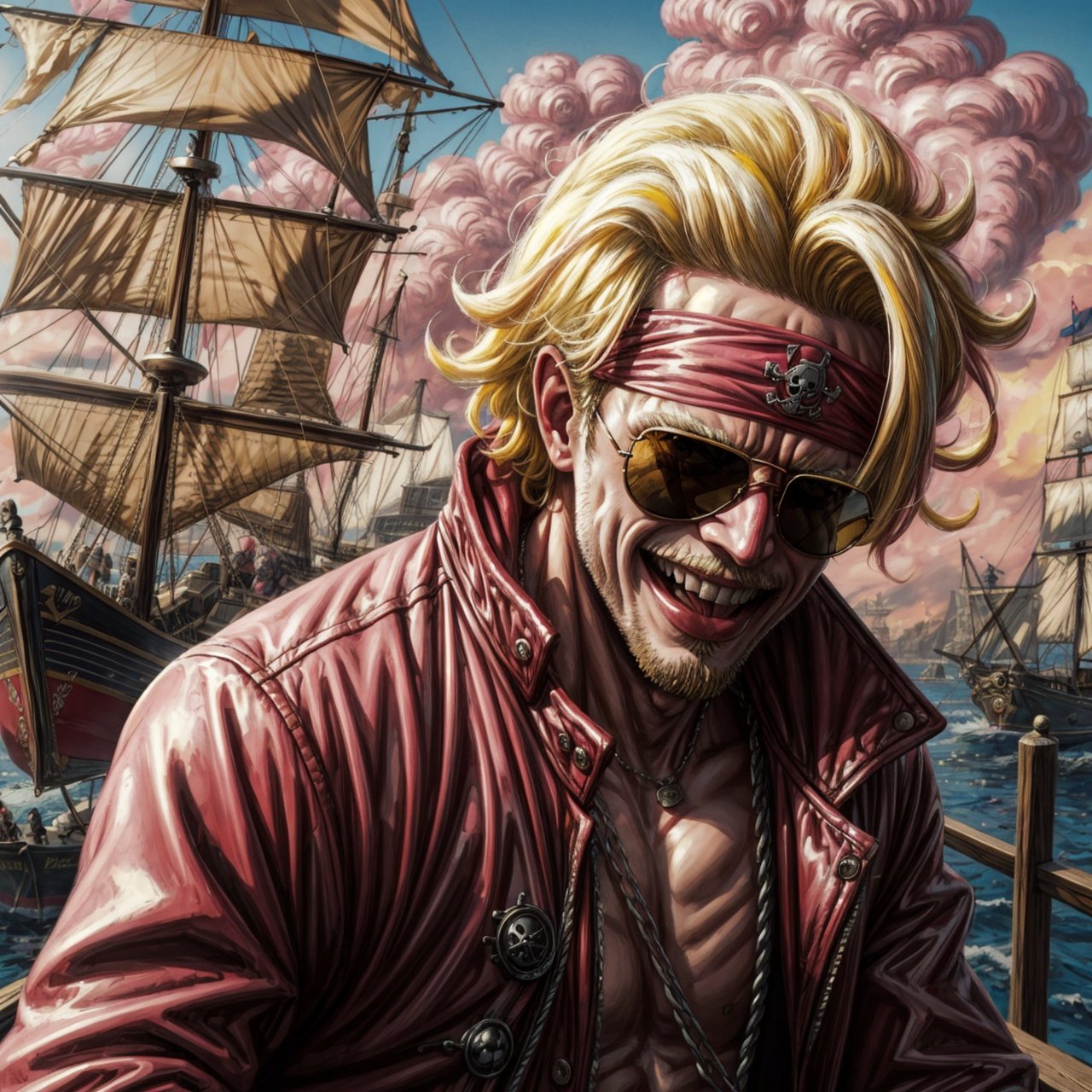 Best Quality, Masterpiece, Ultra High Resolution, Detailed Background, Doflamingo, one piece, yellow hair, red sunglasses, pink jacket, smile, pull the tongue, big tongue, face, portrait art,in a pirate ship, dynamic view, 4k Best Quality, chromatic_background, style, perfect eyes