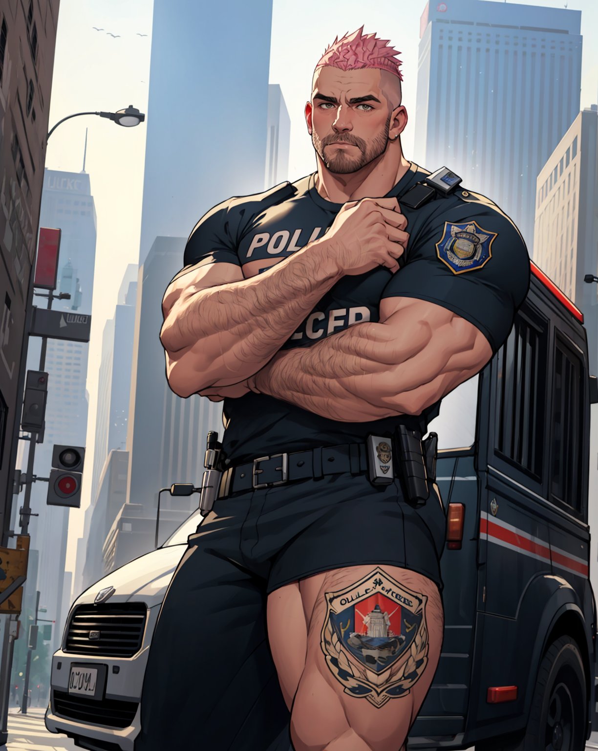Best Quality, Masterpiece, Ultra High Resolution, Detailed Background, Muscular Man, Shaved Hair, Punk Crest, Arm Hair, Thick Chunky Arms, Thick Thighs, Naked, Hairy, Police Officer Outfit, police t-shirt, big lump, police car in the background, New York background, 4k resolution