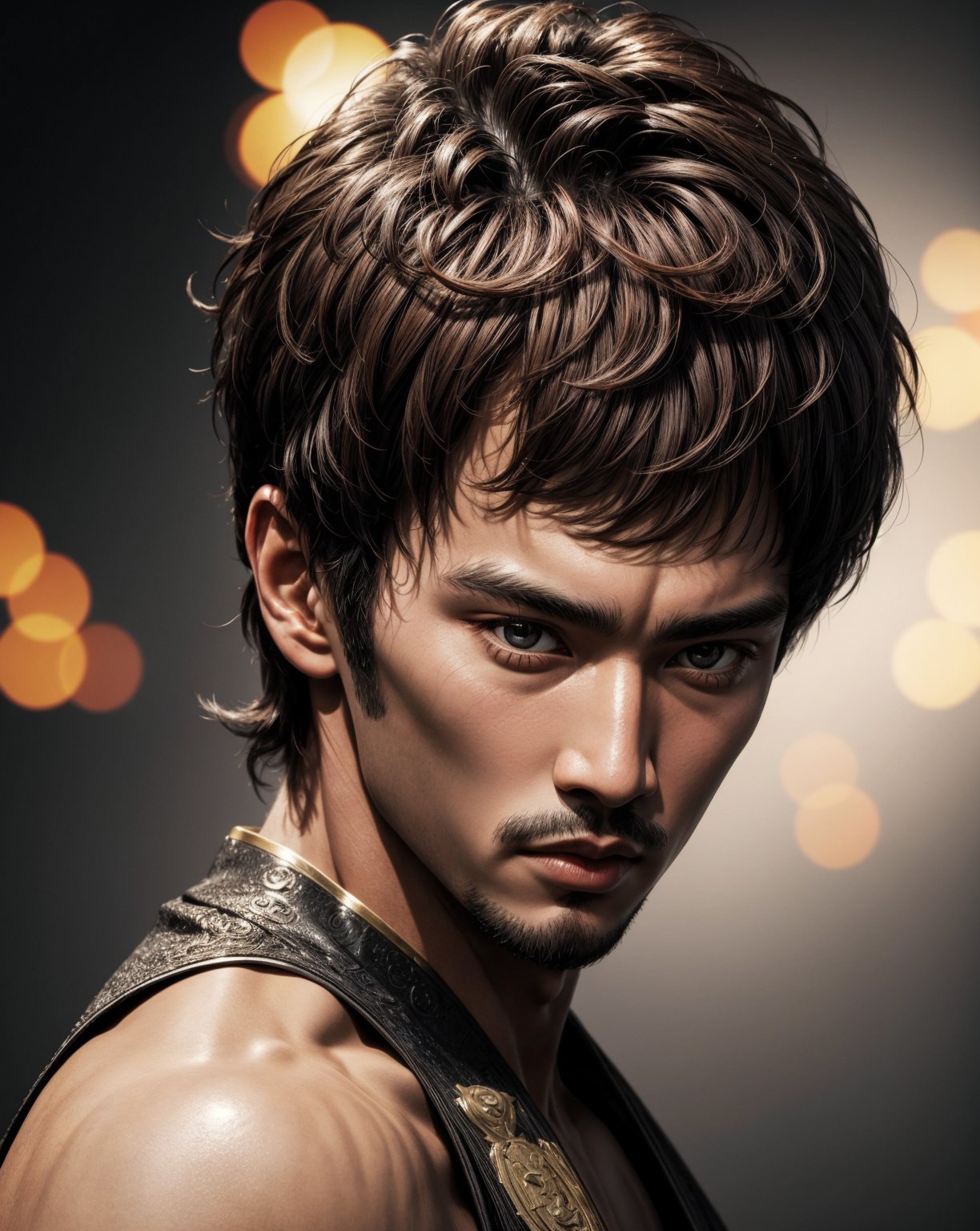 Best Quality, Masterpiece, Ultra High Resolution, Detailed Background, boy, man, Bruce Lee, face , front, brown hair, shining effectin eyes, chromatic_background, 4k resolution