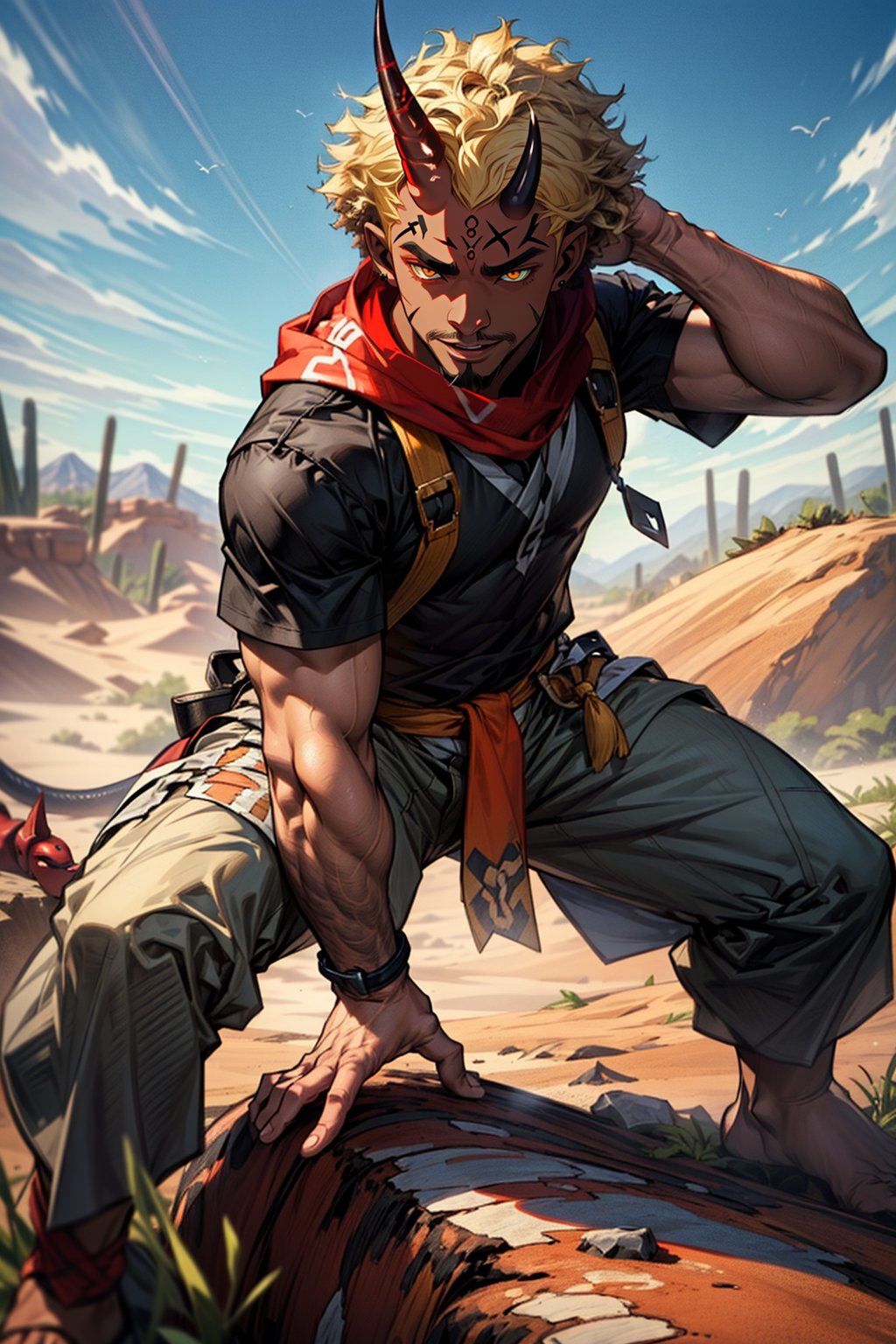 (((2 demon horn on the forehead))), (incredibly big afro hairstyle), african male , half human, brown beard, ((blond hair)), (snake-tail), ((held of African tribe)), african clothes, old man, adult, male, (dark skin tone), scarf with a hood, desert in the background, dynamic pose, dynamic view, battle_stance
,red \(pokemon\)