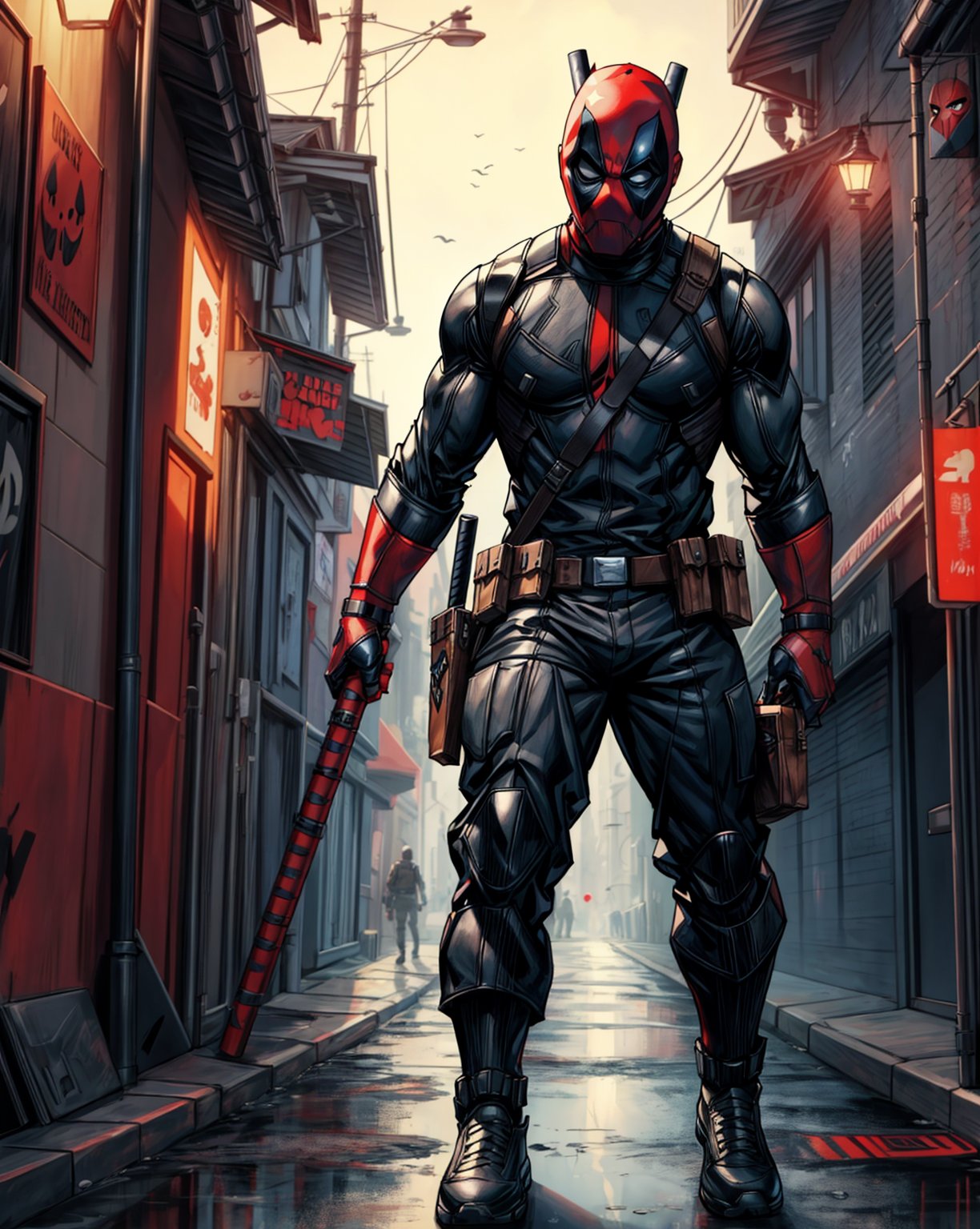 Best Quality, Masterpiece, Ultra High Resolution, Detailed Background, dark maul, jedi deadpool, Muscular Man, star wars, deadpool mask, walk, street background, night, 4k Best Quality