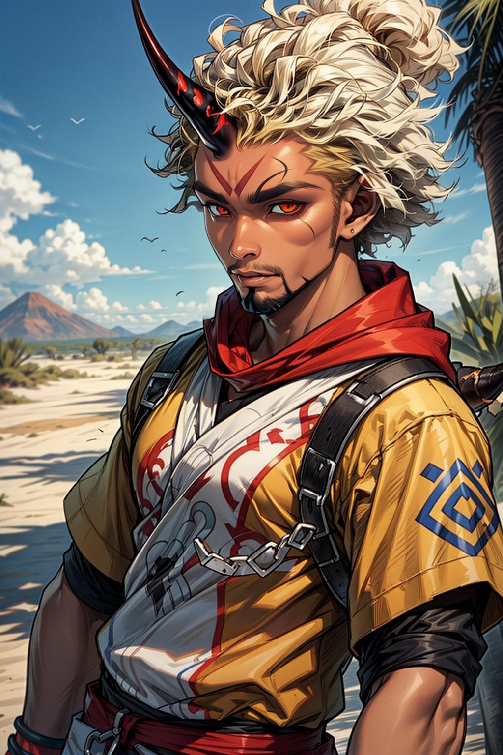 (((2 demon horn on the forehead))), (incredibly big afro hairstyle), african male , half human, brown beard, ((blond hair)), snake-tail, ((held of African tribe)), african clothes, old man, adult, male, (dark skin tone), scarf with a hood, desert in the background, dynamic pose, dynamic view
,red \(pokemon\)