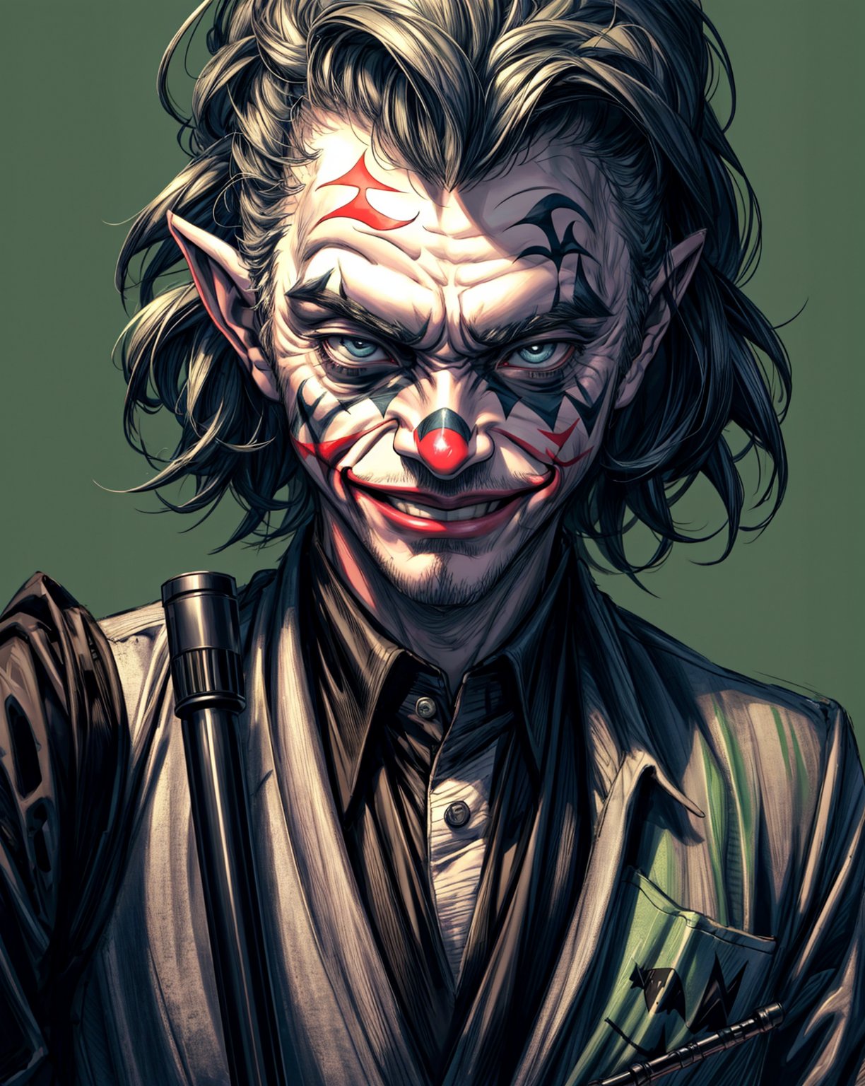 Best Quality, Masterpiece, Ultra High Resolution, Detailed Background, Joker, Yoda, smile, star wars, with a cane, face, star wars background, 4k Best Quality