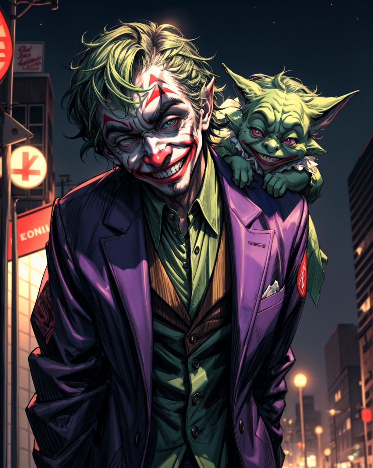 Best Quality, Masterpiece, Ultra High Resolution, Detailed Background, Joker Yoda, smile, face, street background, night, 4k Best Quality