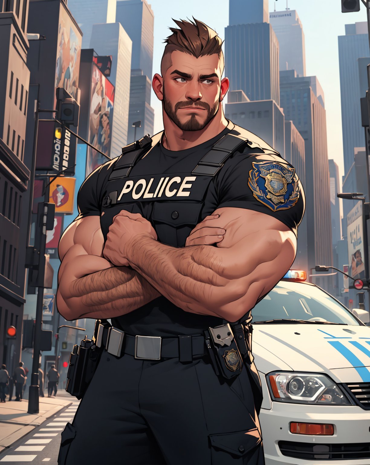 Best Quality, Masterpiece, Ultra High Resolution, Detailed Background, Muscular Man, Shaved Hair, Punk Crest, brown hair, Arm Hair, Thick Chunky Arms, Thick Thighs, Naked, Hairy, Police Officer Outfit, police t-shirt, big lump, police car in the background, New York background, 4k resolution,3DMM