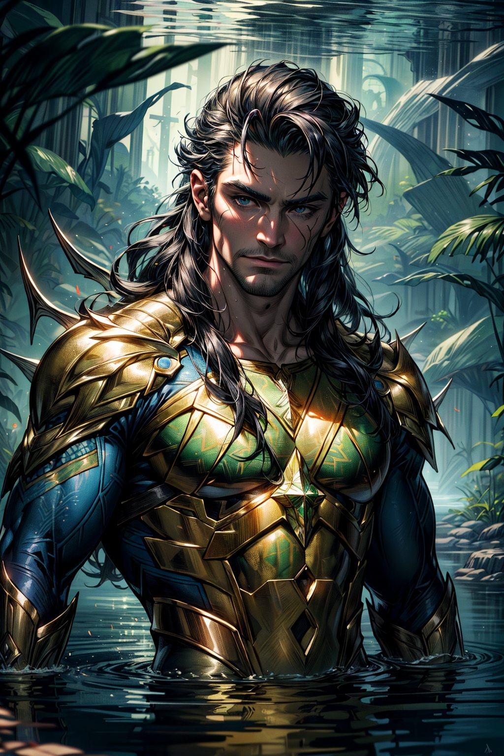 (masterpiece, best quality:1.4),(absurdres, highres, ultra detailed:1.2), Aquaman Loki, (1 handsome man:1.4),(using dark magic:1.4),water magic,playful illustrations, imaginative overlays, artistic fusion,fantastical scenes, evocative narratives, striking visuals, upper body