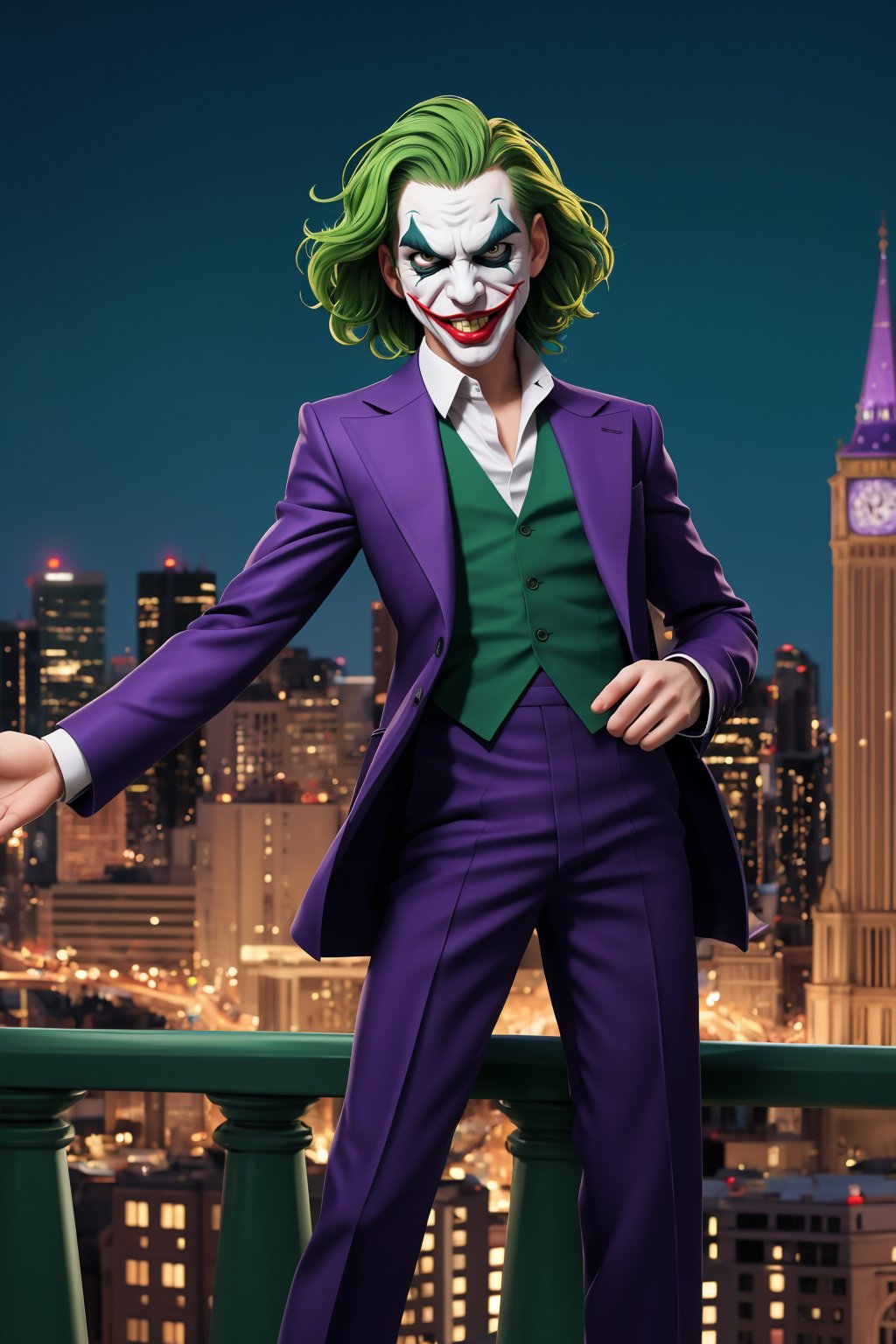 Best Quality, Masterpiece, Ultra High Resolution, Detailed Background, joker, crazy pose; face, green hair, city background, 4k resolution