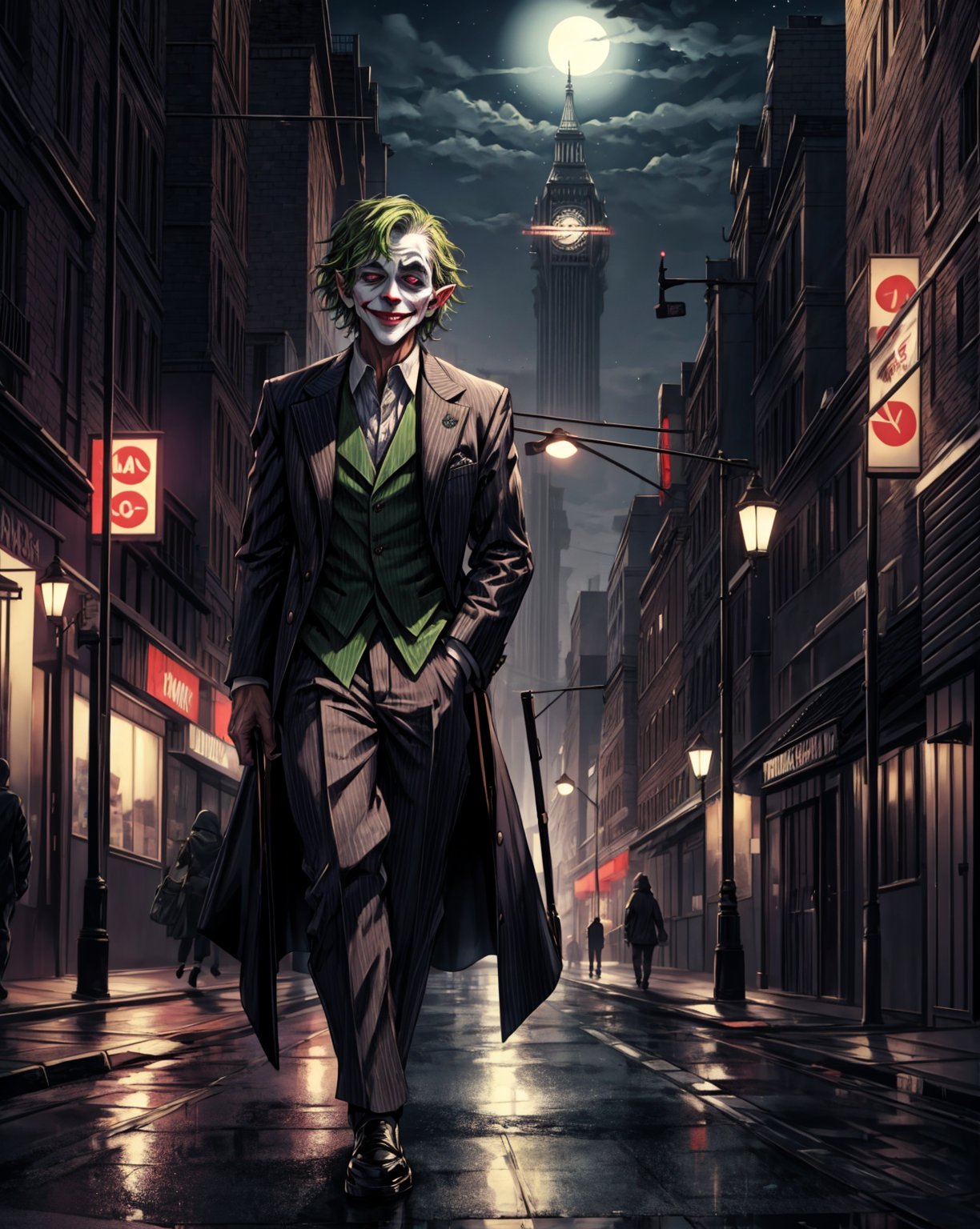 Best Quality, Masterpiece, Ultra High Resolution, Detailed Background, Joker Yoda, smile, walking, street background, night, dynamic view, 4k Best Quality