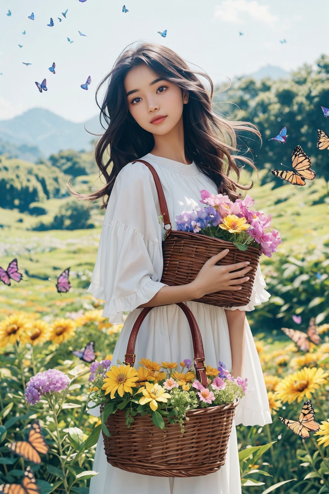 a girl with a ((colorful)) basket full of ((vibrant)) flowers standing in a ((lush)) meadow on a sunny day, surrounded by ((butterflies)) and a gentle breeze rustling through her hair