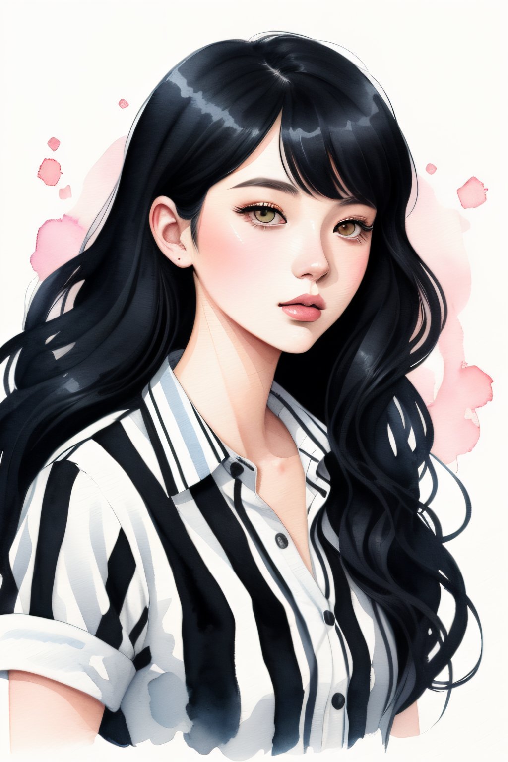 drawing of 18 year old woman with black hair and striped shirt, color drawing, color sketch, Bowater art style, watercolor art style, color illustration, digital color illustration, Lois van Baarle and Rossdraw, Procreate illustration, cartoon art, Amy Sol in color illustration style, color portrait