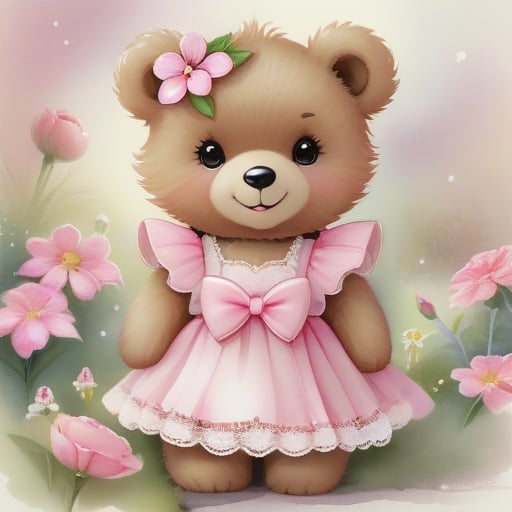 Teddy Bear's Enchanting Adventure
Watercolor vector illustration of an adorable kawaii style teddy bear with big expressive brown eyes, pink mouth, wearing a pink lacy dress with delicate bows and lots of details (the bear has a pink flower on its head), she is standing on a digital rendering, magical clean background by Anne Stokes
Detailed Description: This kawaii watercolor teddy bear captures the essence of charm and sweetness. Her expressive brown eyes and soft pink mouth radiate joy and affection. The pink dress with delicate lace and charming bows complements her charming look. Details are key here, with a pink flower gracefully positioned at her head. She stands upright in a digital rendering, standing against a magically clean background that is Anne Stokes' trademark.
Setting: A dream garden, where colorful flowers dance under an ethereal sky.
Atmosphere: A fairytale atmosphere that evokes the feeling of being in a magical and enchanting world.
Style: Watercolor illustration with a touch of fantasy and magic.
Realization: Using digital watercolor techniques to create an image rich in details and textures, which transports the viewer to a magical world.