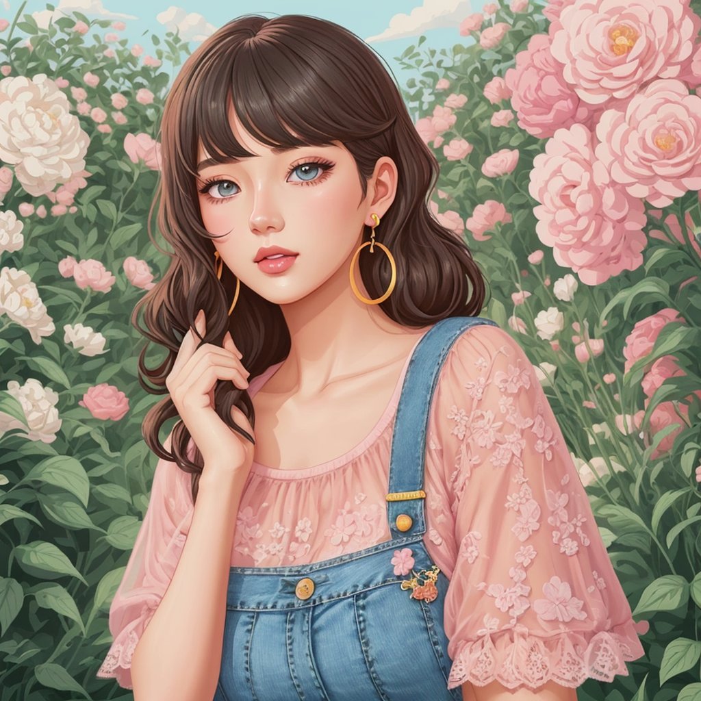 Illustration of 25 year old woman with earrings, wavy black hair, Detailed eyes, pink lacy top and short denim shorts, she is in a garden, Digital illustration style, Cartoon style illustration, beautiful art style, trendy art, illustration beautiful digital, beautiful digital art, cartoon art style, cute detailed digital art, exquisite digital illustration, cute cartoon style, awesome art style, vector art style, digital anime illustration, 2d illustration