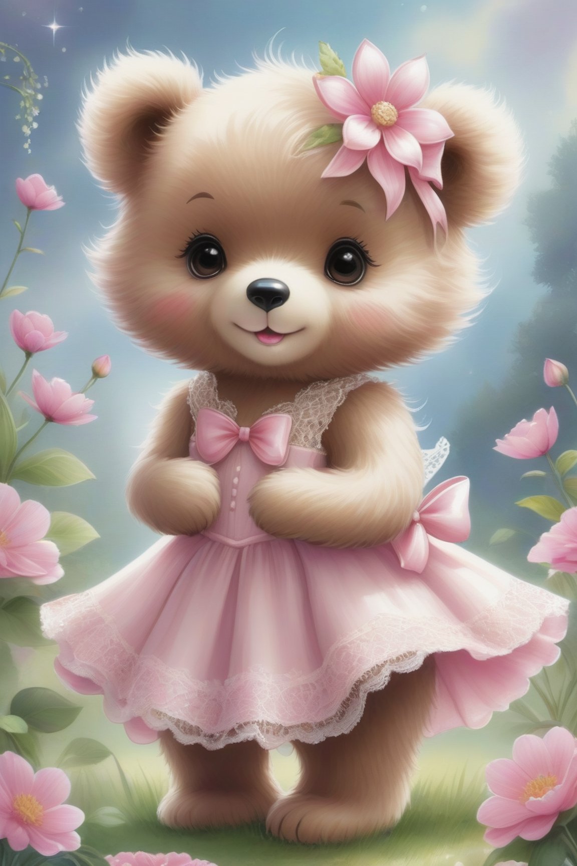 Teddy Bear's Enchanting Adventure
Watercolor vector illustration of an adorable kawaii style teddy bear with big expressive brown eyes, pink mouth, wearing a pink lacy dress with delicate bows and lots of details (the bear has a pink flower on its head), she is standing on a digital rendering, magical clean background by Anne Stokes
Detailed Description: This kawaii watercolor teddy bear captures the essence of charm and sweetness. Her expressive brown eyes and soft pink mouth radiate joy and affection. The pink dress with delicate lace and charming bows complements her charming look. Details are key here, with a pink flower gracefully positioned at her head. She stands upright in a digital rendering, standing against a magically clean background that is Anne Stokes' trademark.
Setting: A dream garden, where colorful flowers dance under an ethereal sky.
Atmosphere: A fairytale atmosphere that evokes the feeling of being in a magical and enchanting world.
Style: Watercolor illustration with a touch of fantasy and magic.
Realization: Using digital watercolor techniques to create an image rich in details and textures, which transports the viewer to a magical world.