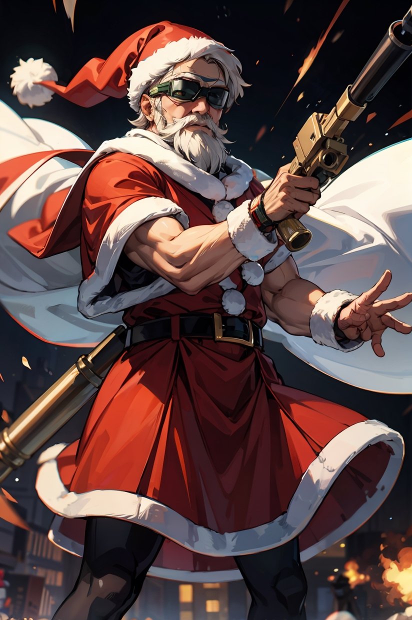 best quality, Santa wearing bazooka firing goggles