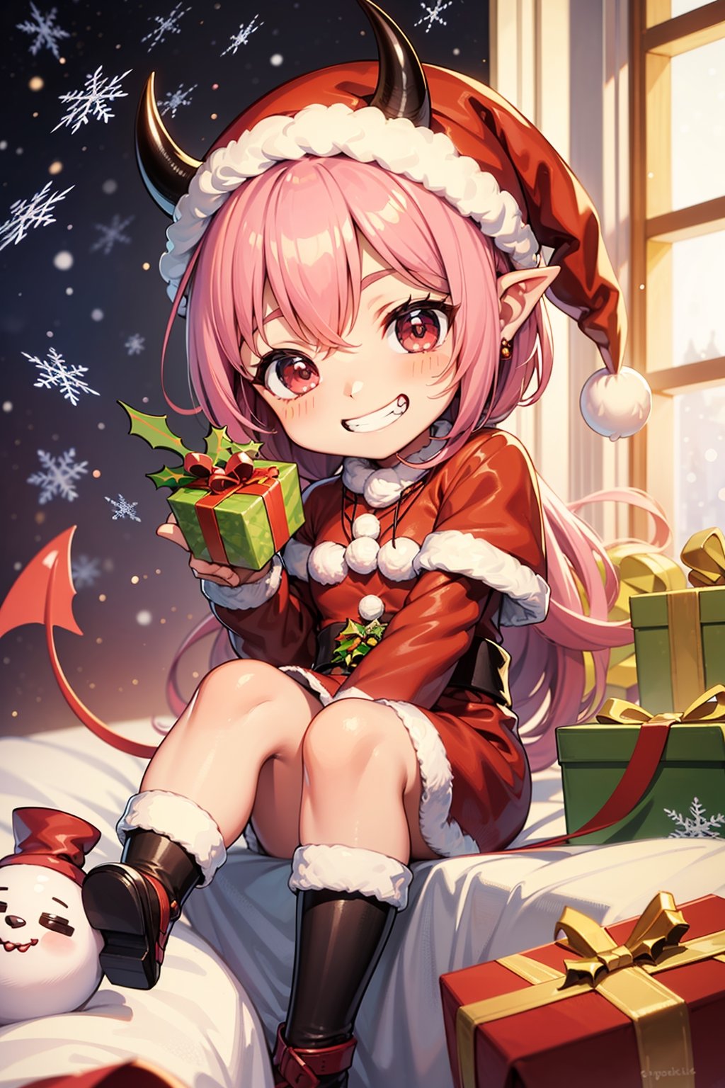 best quality, (((chibi devil on christmas cake))), (devil horn, pink hair), (grin:1.4)