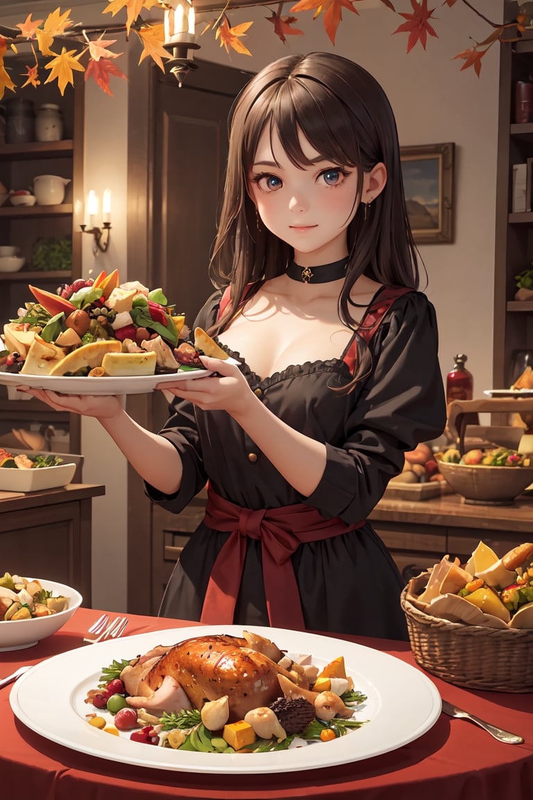 thanksgiving Day, a girl stands by a lavishly set table, adorned with the abundance of the season. The detailed illustration of autumn, feast of harvest delights, roasted turkey, side dishes. Dressed in an elegant, (masterpiece, best quality), (detailed beautiful face and eyes),