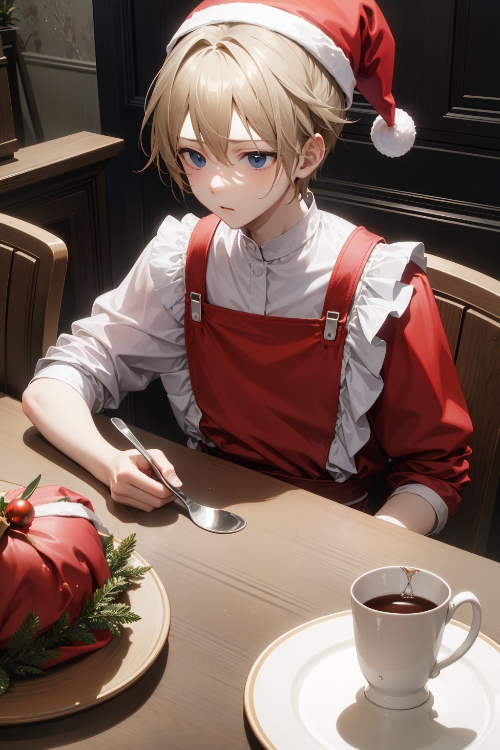 Christmas table, lots of crockery, lots of chairs, (sad 1boy with santa hat), absurdres, masterpiece, best quality, define light, highly detailed light reflection,