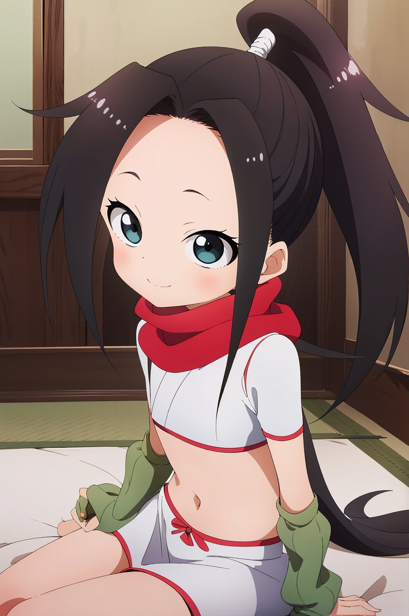 loli, sit on tatami, bent knees, smile, (perfect detailed eyes), face, reflection, (cute kawaii eyes), shiny eyes, kawaii angelic eyes, colorful long hair, smooth beautiful hair, reflection, glistening skin, shiny skin,  flat chest, (brilliant luminescence effect), background,
 BREAK (best quality:1.3), (absurd resolution:1.3), (official art), (top quality:1.1), masterpiece, high resolution, KunoTsubakiv1, black eyes, black hair, asymmetrical bangs, forehead, high ponytail, navel, ponytail, red scarf, scarf short sleeves, pelvic curtain, shorts, green gloves, arm warmers, fingerless gloves,