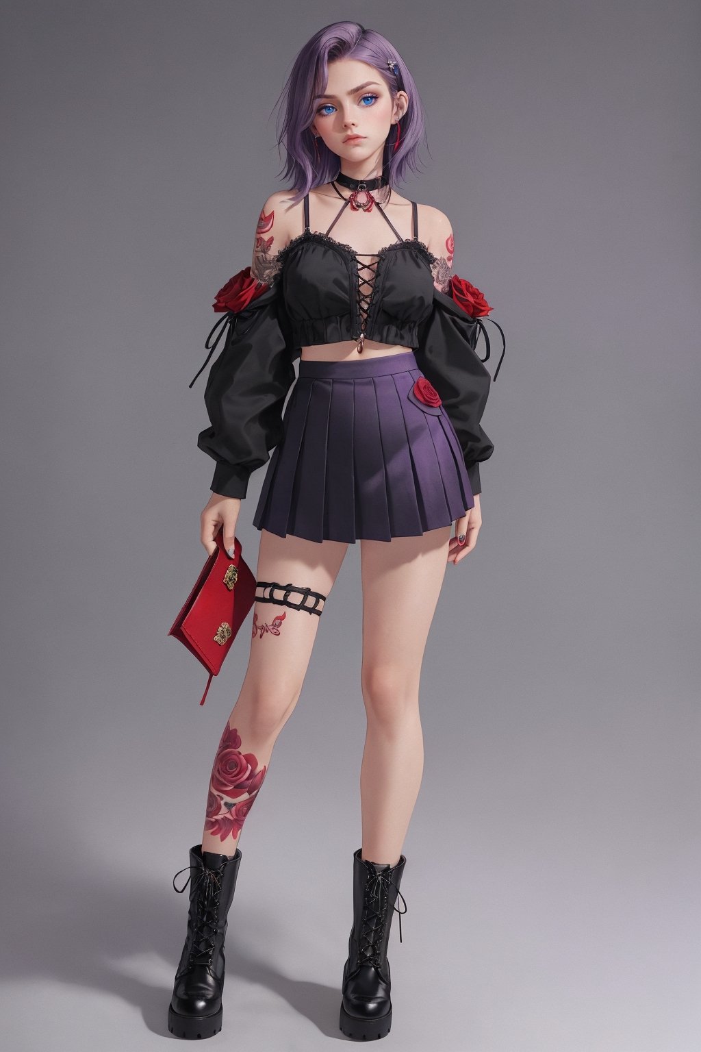 good hands, good body, 18 year old girl body,shoulder length semi wavy short straight purple hair,a red rose tattoo on the neck,letter tattoos on the fingers of the hand, chunky_lace_up_boots_black,pocket lining pleated tailored mini skirt in black, full_body,whole body